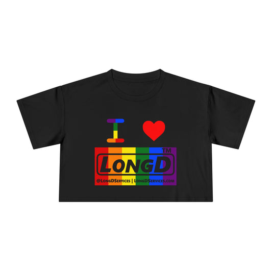 I Luv LongD negative vertical 6-striped tag-domain logo crop tee (Pride colors)