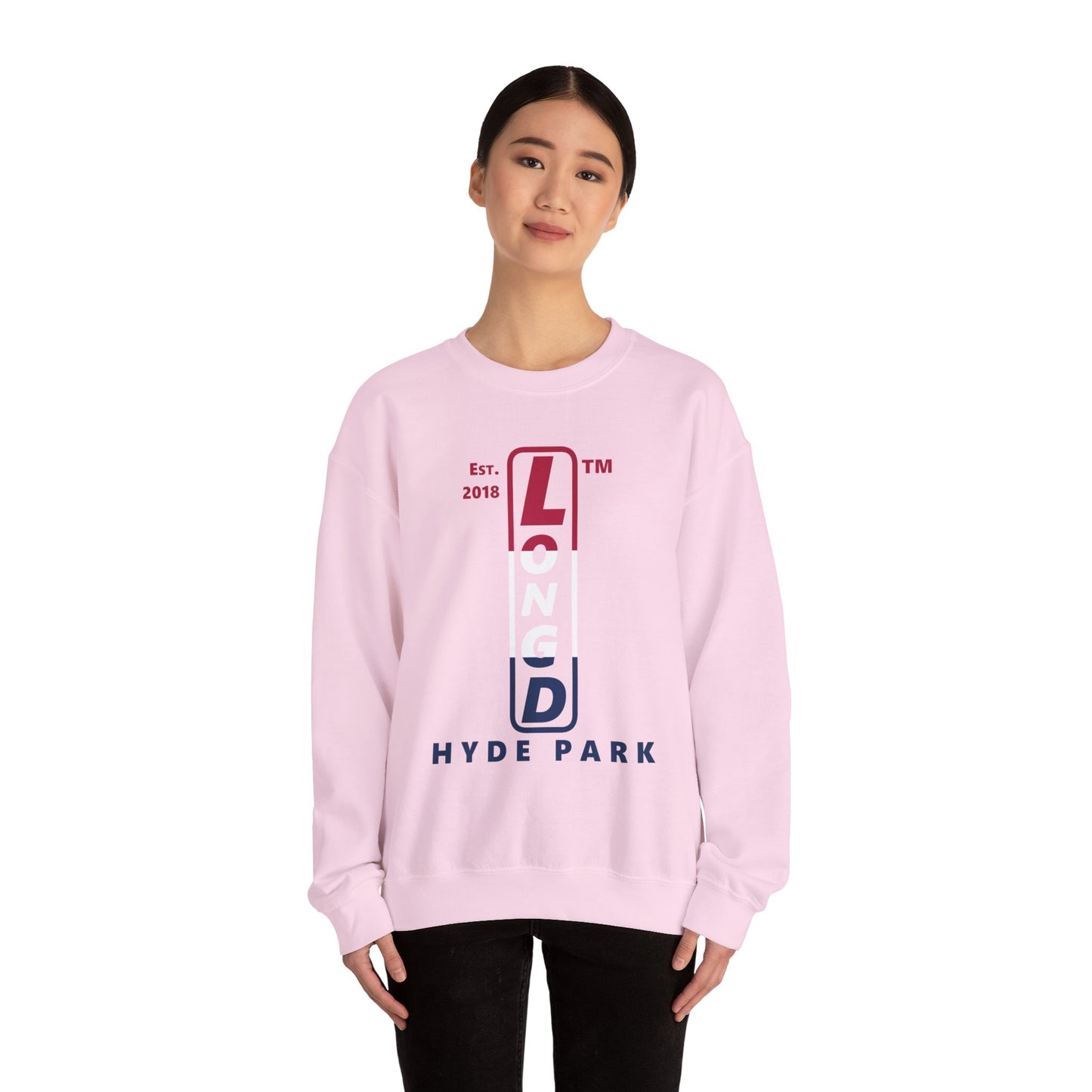 LongD positive horizontal 3-striped Hyde Park upright logo crewneck sweatshirt (patriotic colors)
