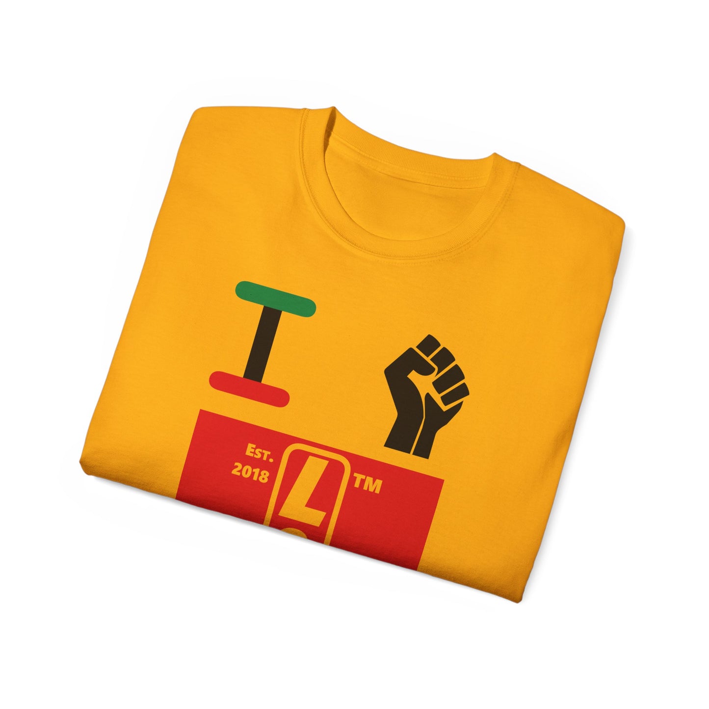 I fist LongD Cotton Tee negative horizontal striped Chicago upright logo (Juneteenth colors)
