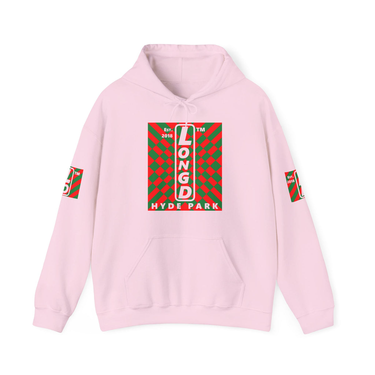LongD Hyde Park negative upright stylized argyle 4-print logo (Xmas colors) hoodie