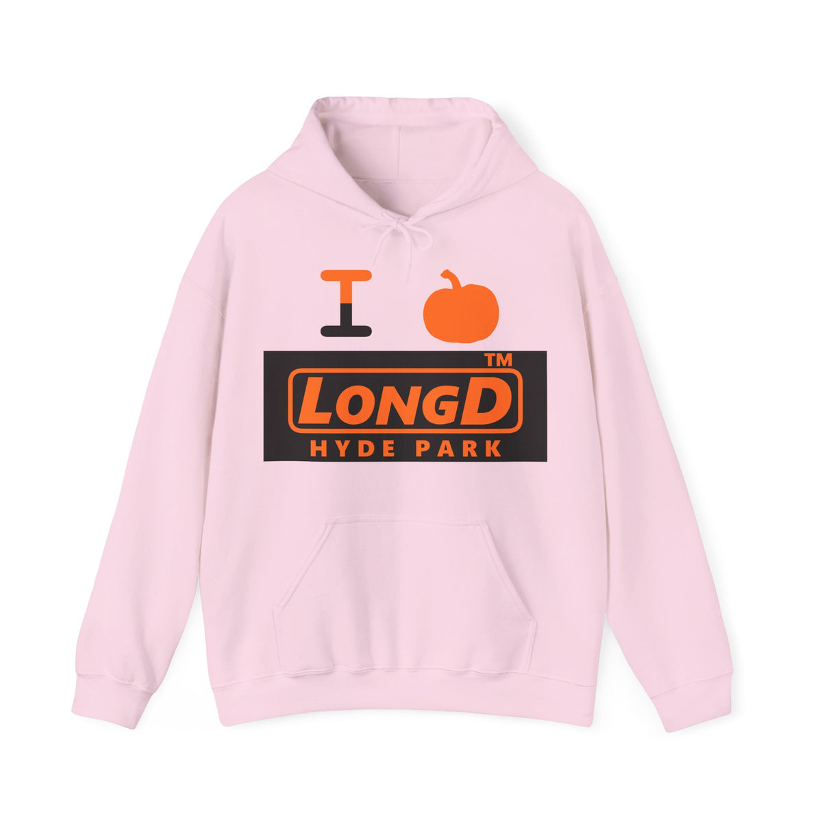 I pumpkin LongD Hyde Park logo positive orange on negative black hoodie