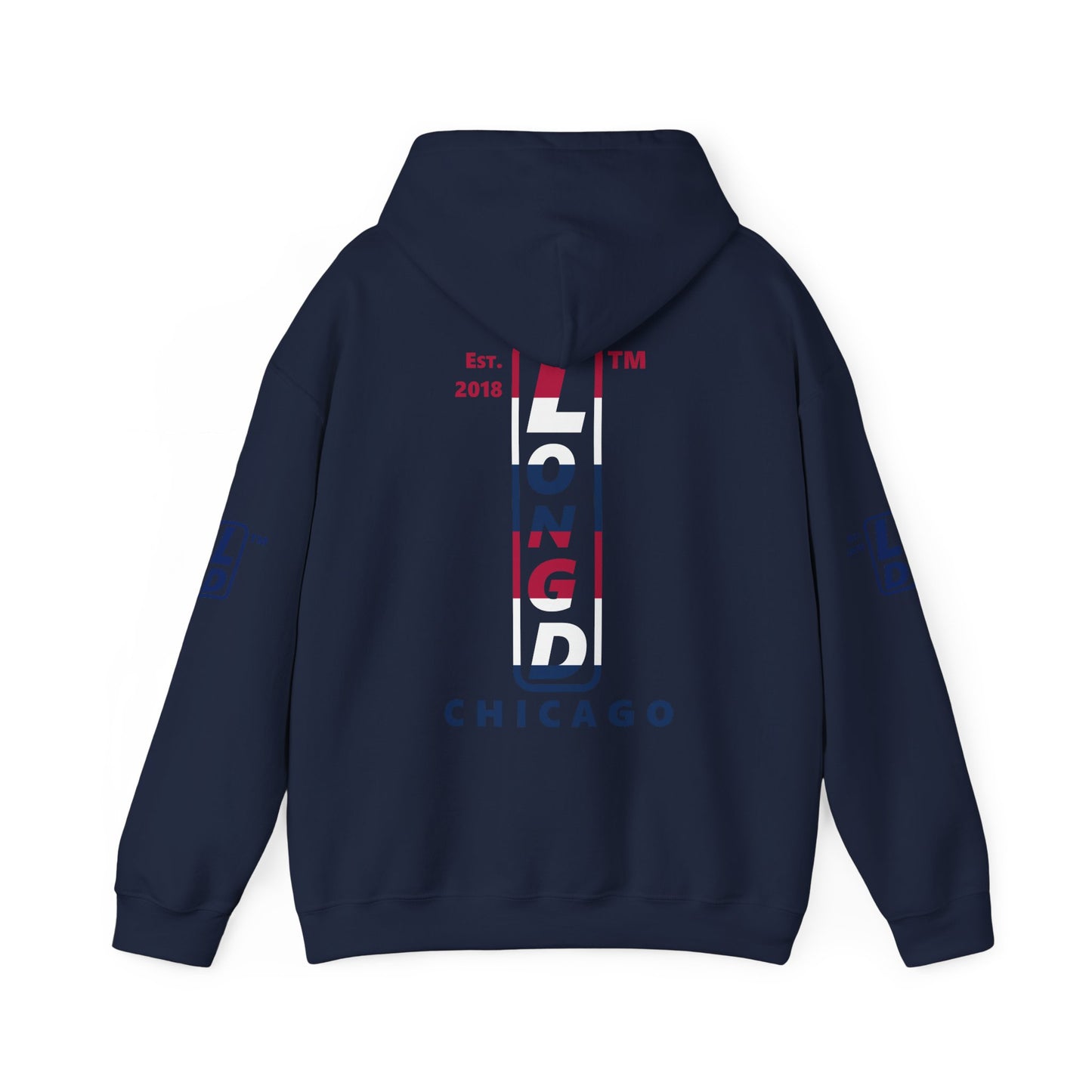 LongD® positive horizontal 6-striped Chicago 4-print upright logo hoodie (patriotic colors)