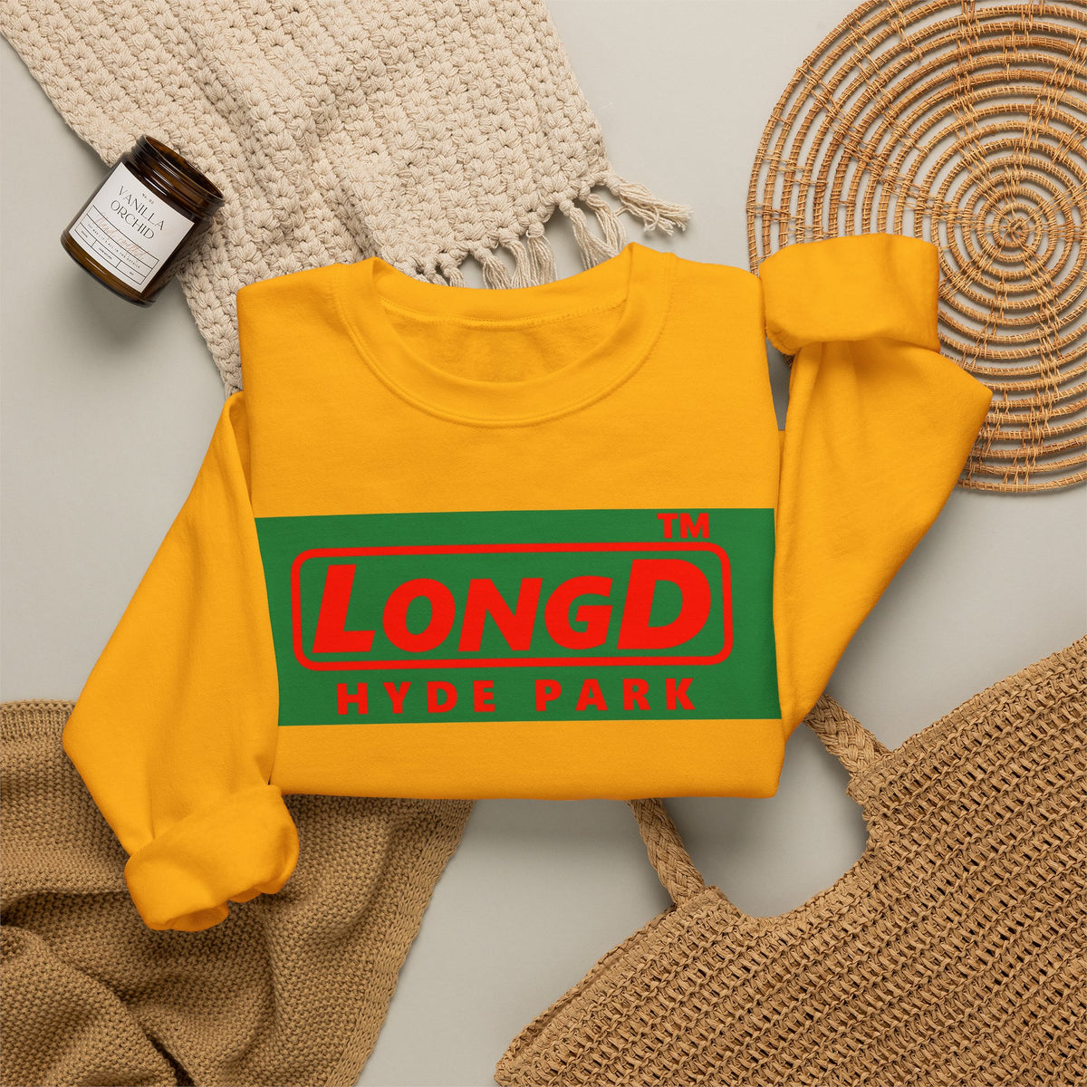 LongD Hyde Park logo positive red on negative green (Xmas colors) crewneck sweatshirt