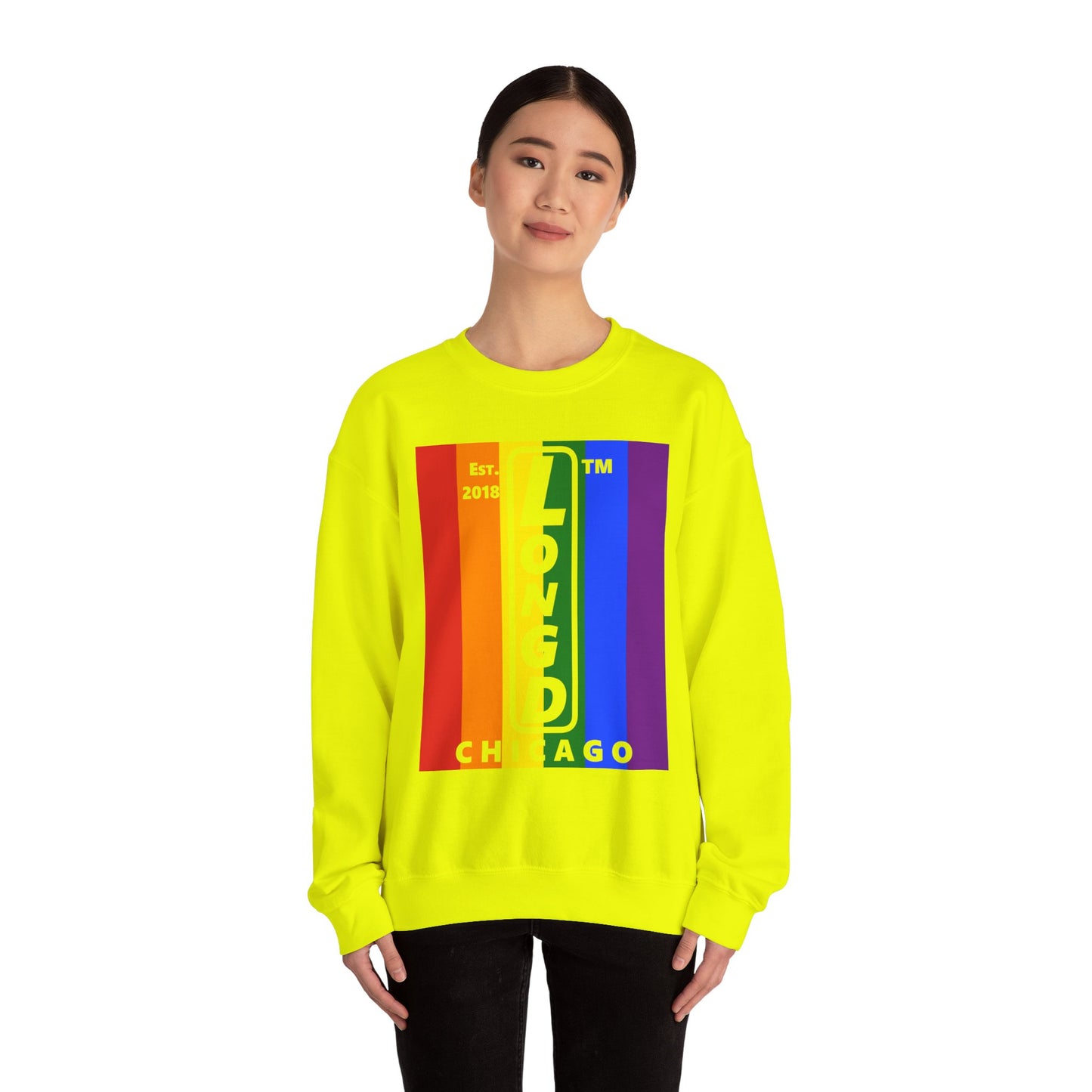 LongD negative cropped flag Chicago upright logo crewneck sweatshirt (Pride colors)
