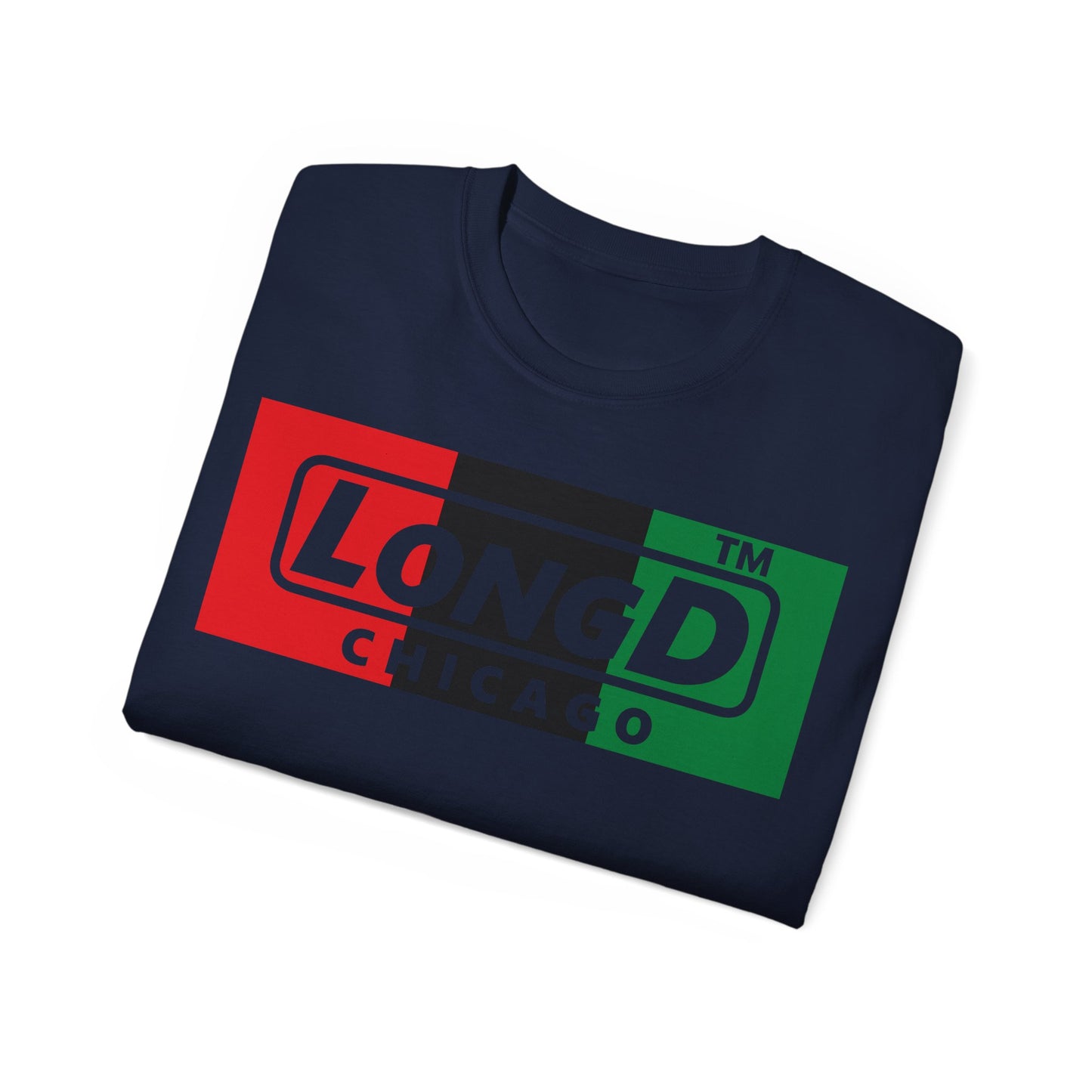LongD negative vertical 3-striped Chicago logo cotton tee (Juneteenth colors)