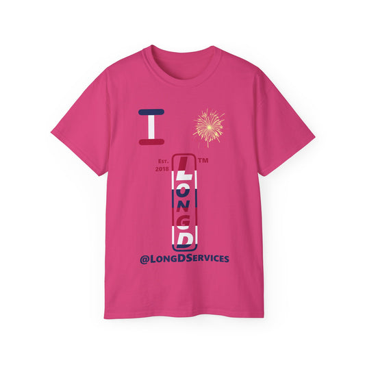 I Burst LongD cotton tee positive horizontal 6-striped tag upright logo (Patriotic colors)