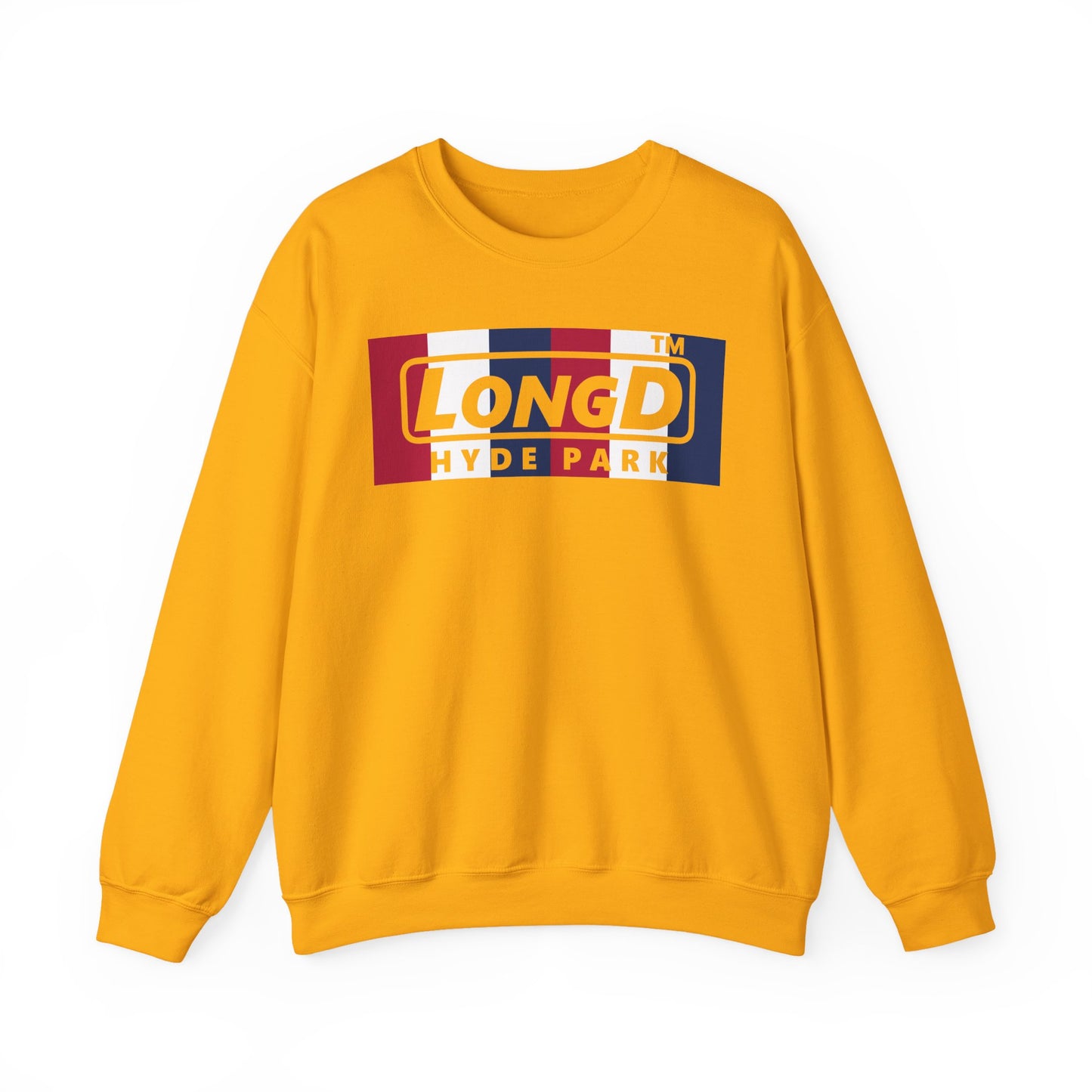 LongD negative vertical 6-striped Hyde Park logo crewneck sweatshirt (patriotic colors)