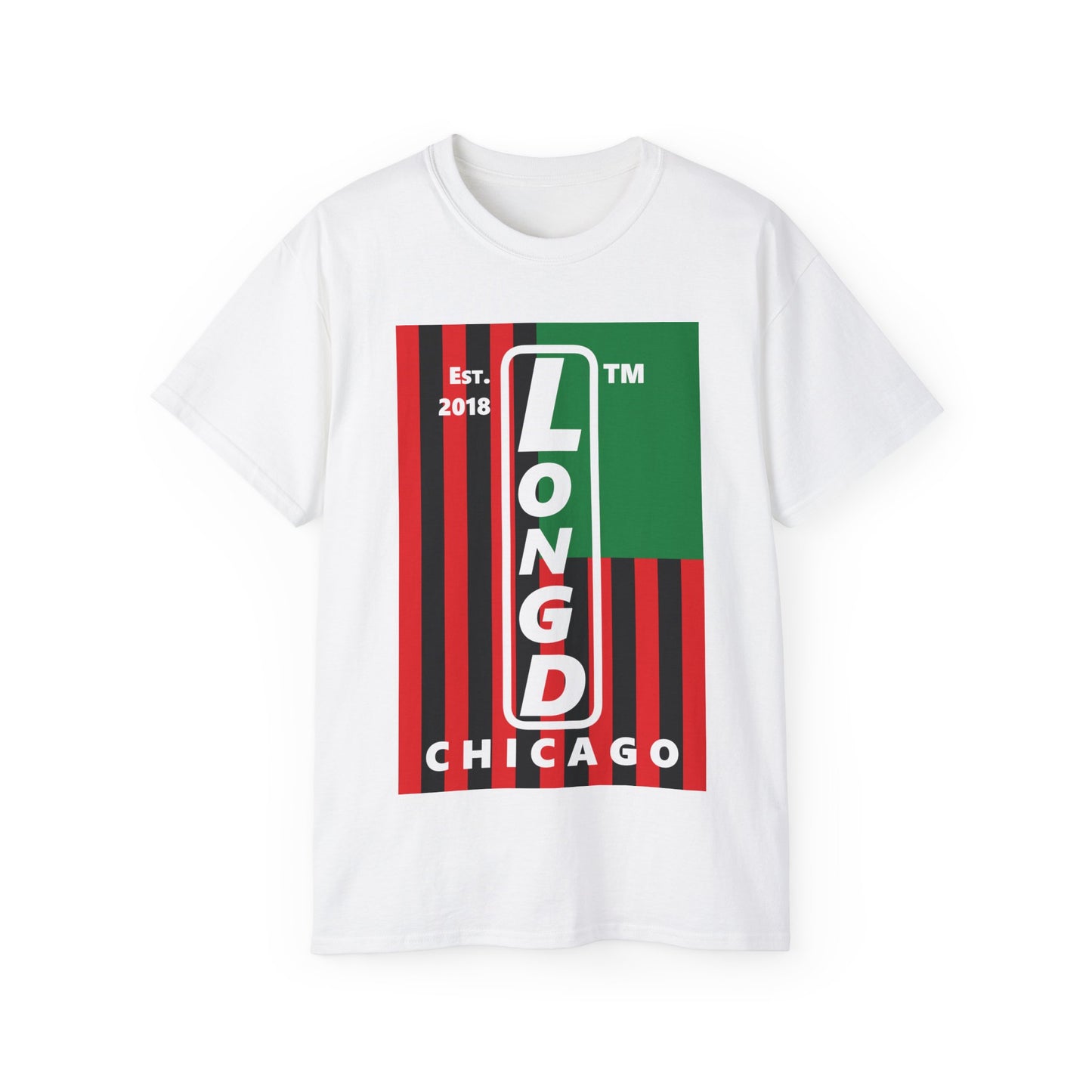 LongD Cotton Tee negative flag Chicago upright logo (Juneteenth colors)