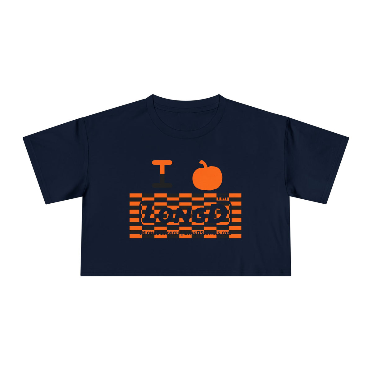 I pumpkin LongD Tag-domain negative tiled logo crop tee