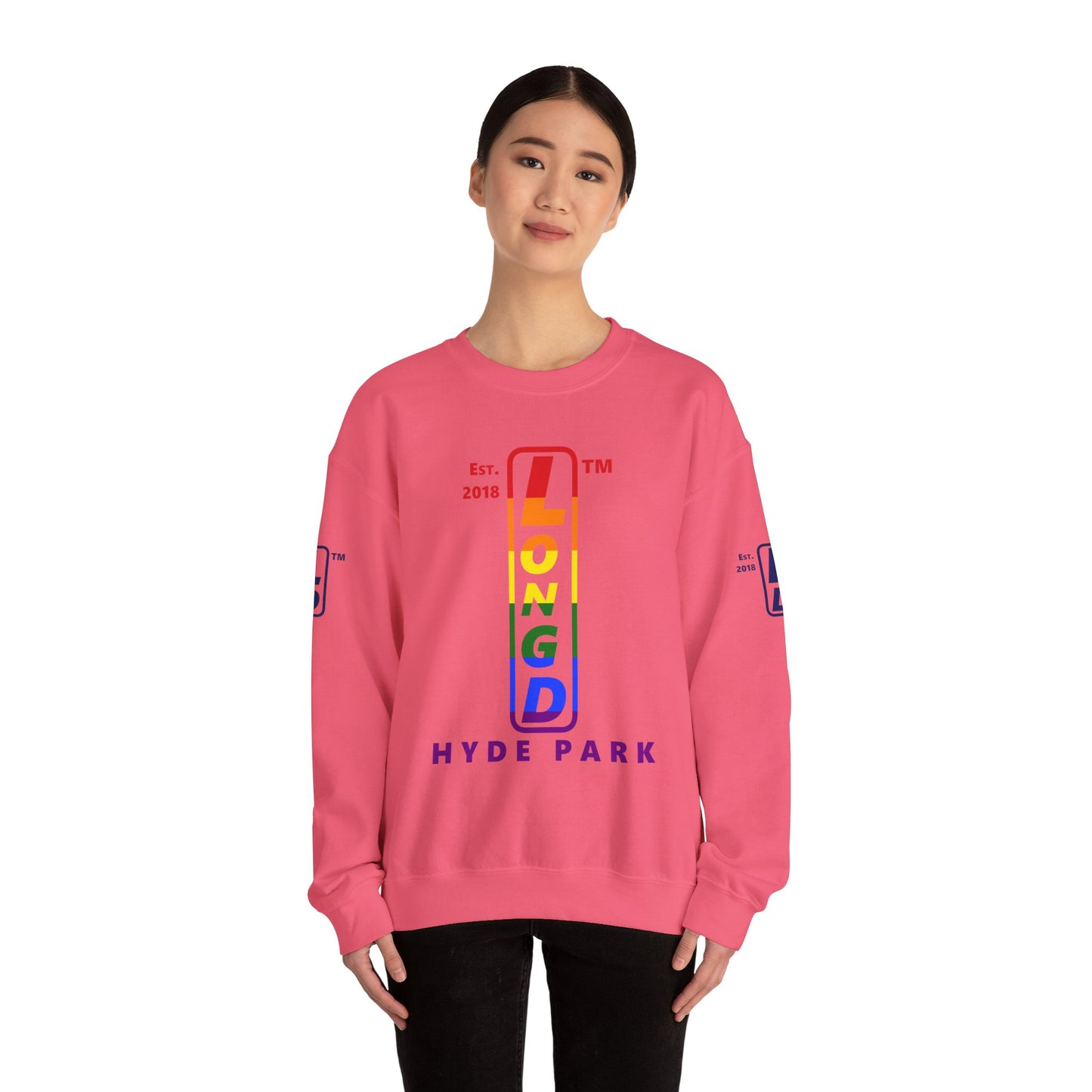 LongD positive horizontal 6-striped Hyde Park 4-print upright logo crewneck sweatshirt (Pride colors)