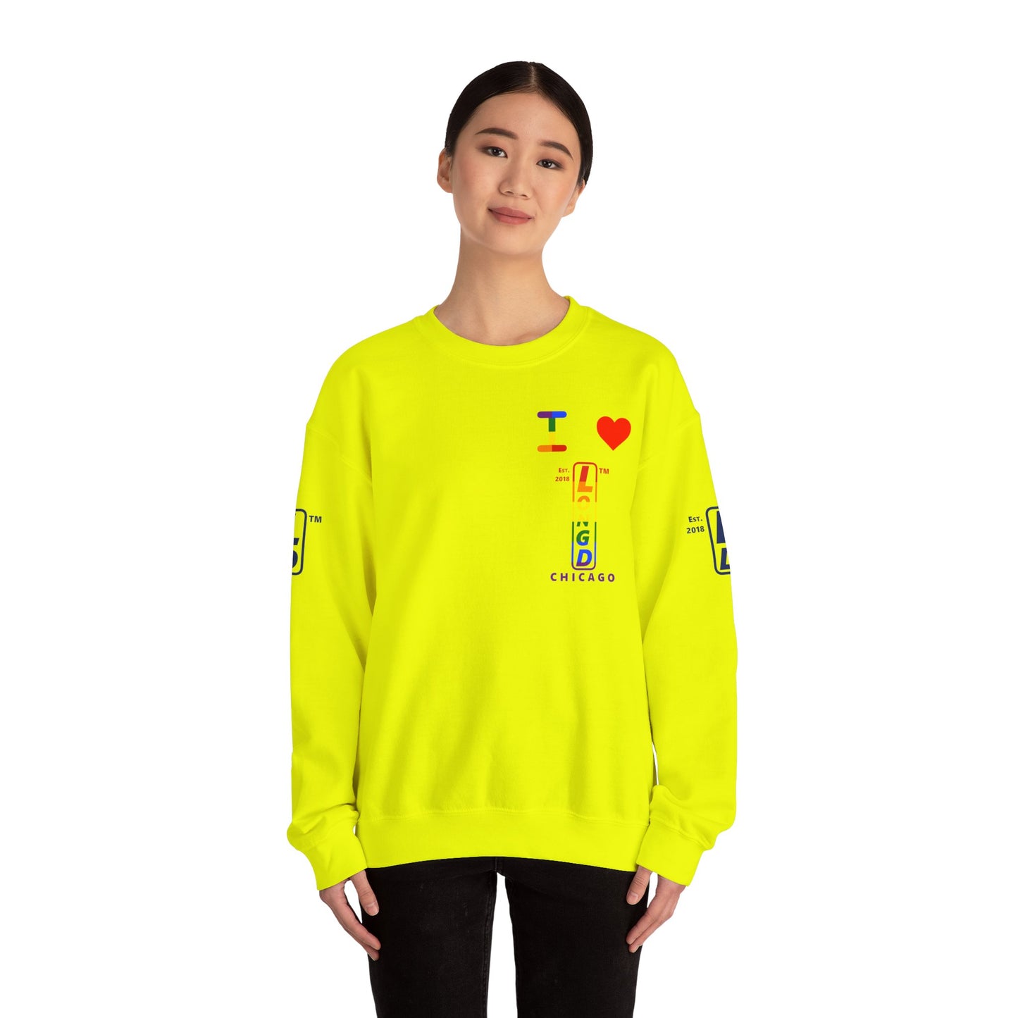 I Luv LongD positive horizontal 6-striped Chicago upright 4-print single-breasted logo crewneck sweatshirt (Pride colors)