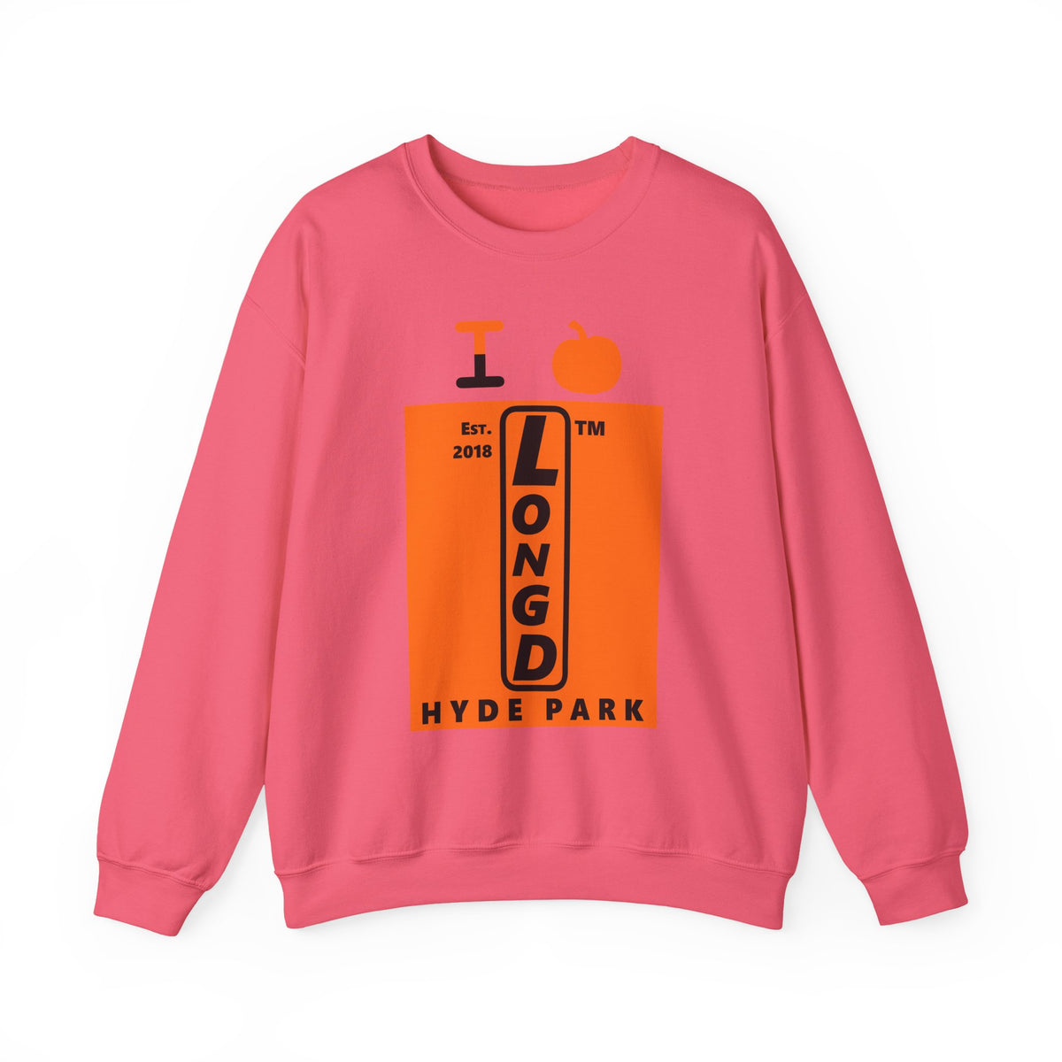 I pumpkin LongD Hyde Park upright logo positive black on negative orange crewneck sweatshirt