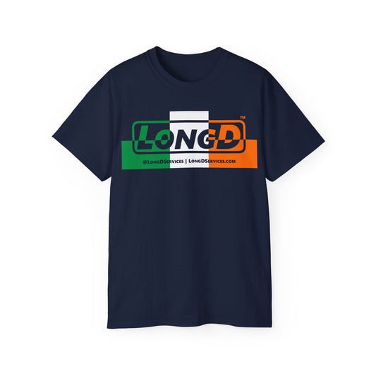 LongD® Logo Cotton Tee (St. Patrick's Day -Irish Green, White and Irish Orange thirds top-bottom outer positive-negative split)