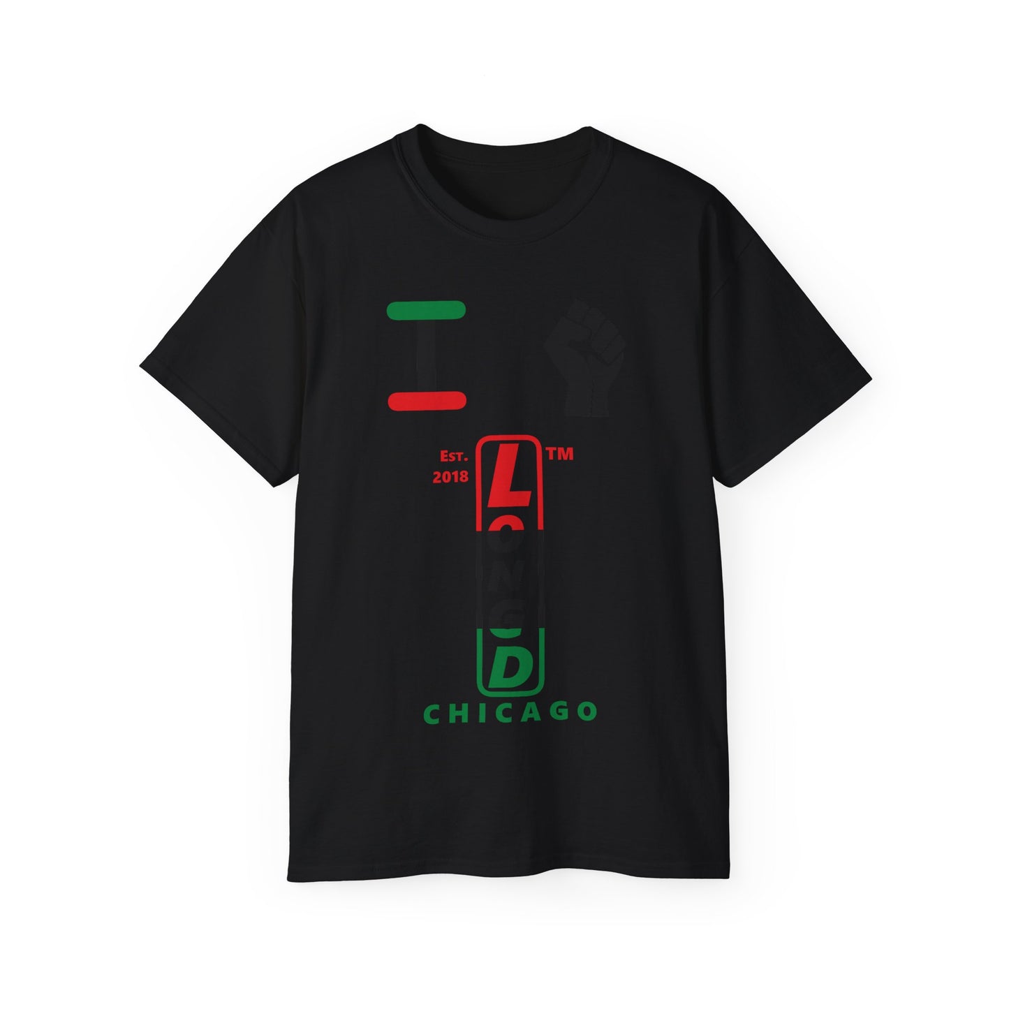 I fist LongD Cotton Tee positive horizontal striped Chicago upright logo (Juneteenth colors)