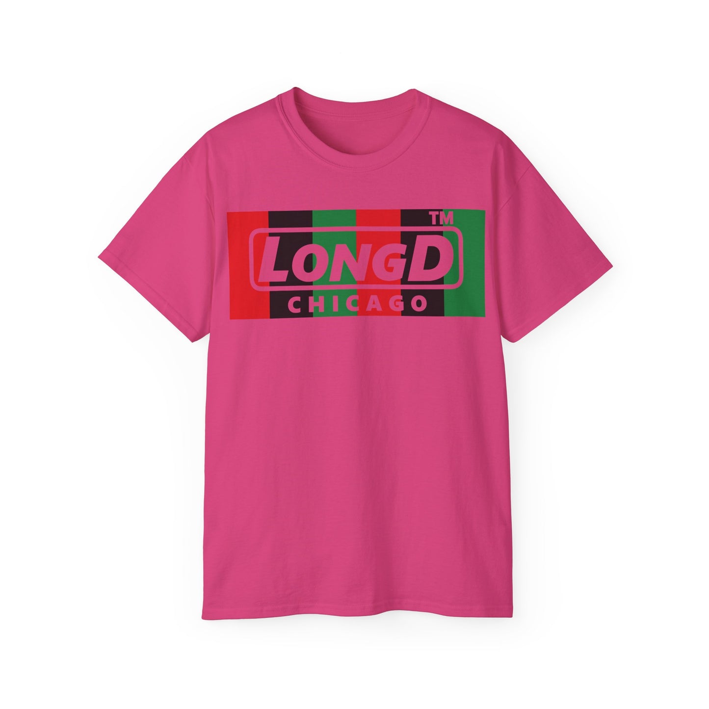 LongD negative vertical 6-striped Chicago logo front-back cotton tee (Juneteenth colors)