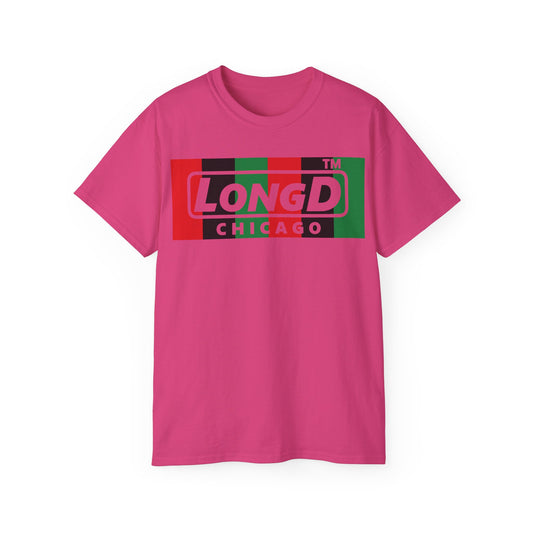 LongD negative vertical 6-striped Chicago logo front-back cotton tee (Juneteenth colors)