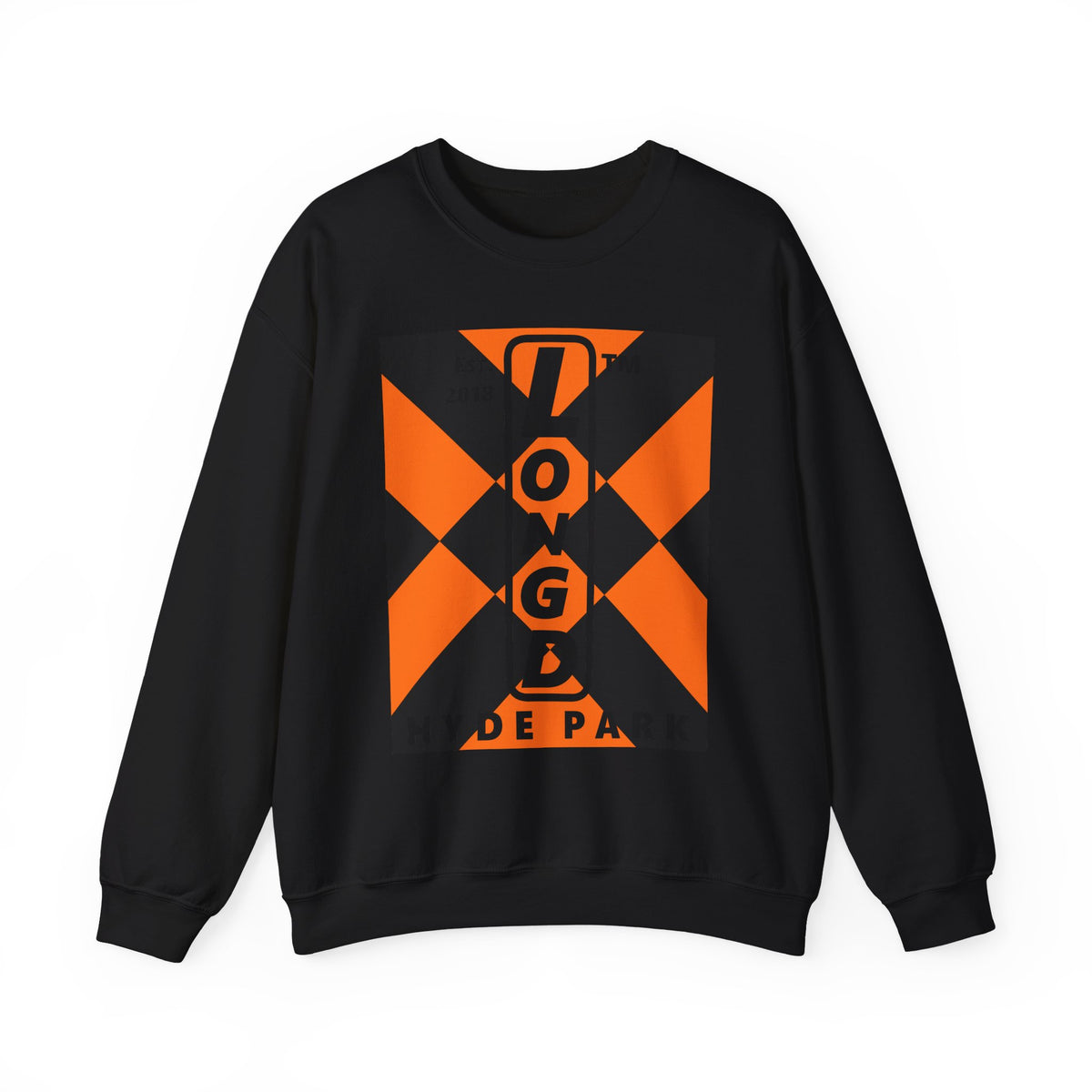 LongD Hyde Park negative upright mixed argyle logo (Halloween colors) crewneck sweatshirt