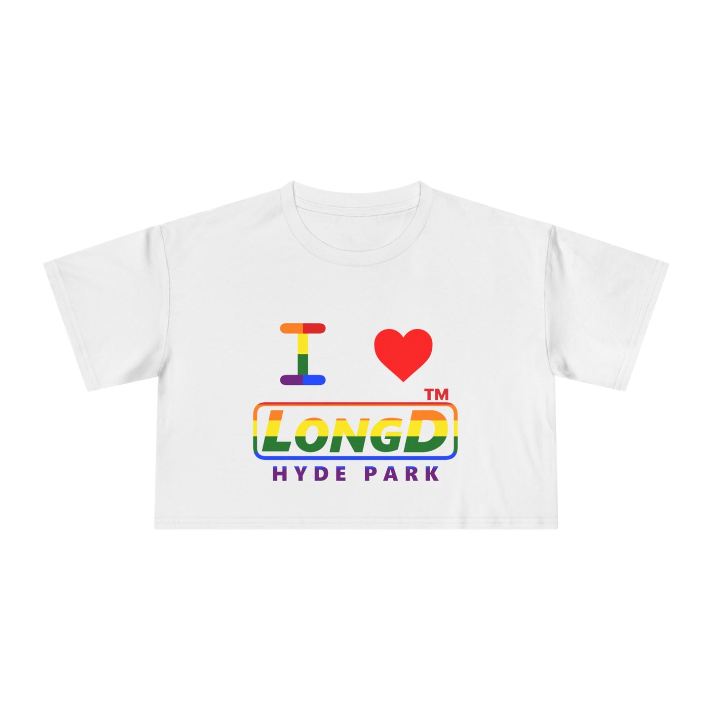 I Luv LongD positive horizontal 6-striped Hyde Park logo crop tee (Pride colors)