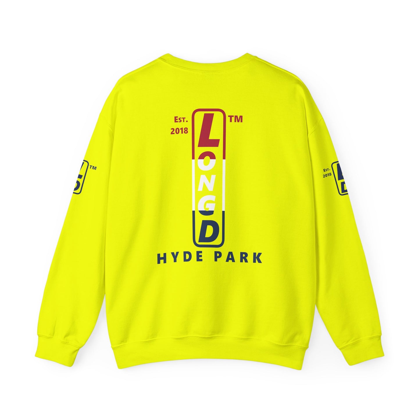 LongD positive horizontal 3-striped Hyde Park upright 4-print single-breasted logo crewneck sweatshirt (patriotic colors)