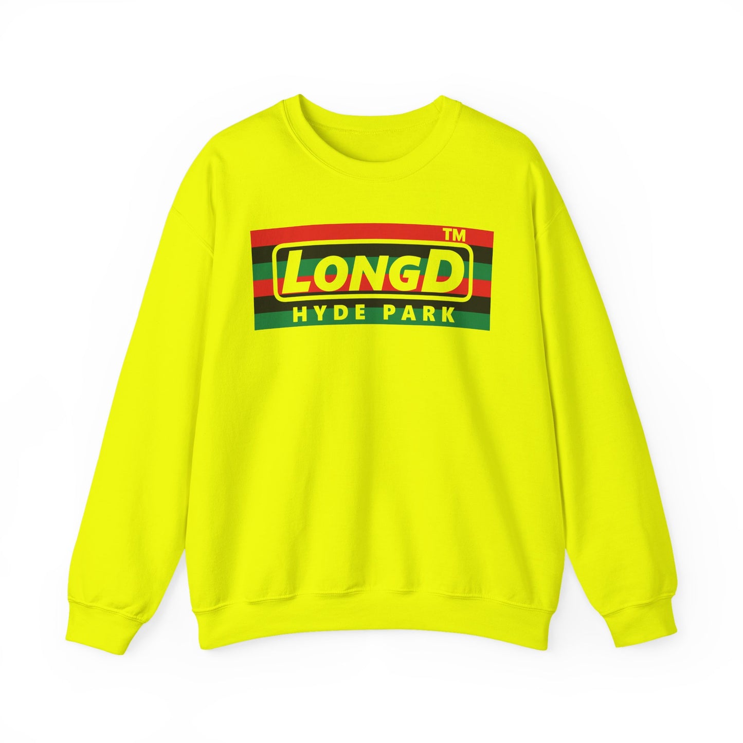 LongD negative horizontal 6-striped Hyde Park logo crewneck sweatshirt (Juneteenth colors)