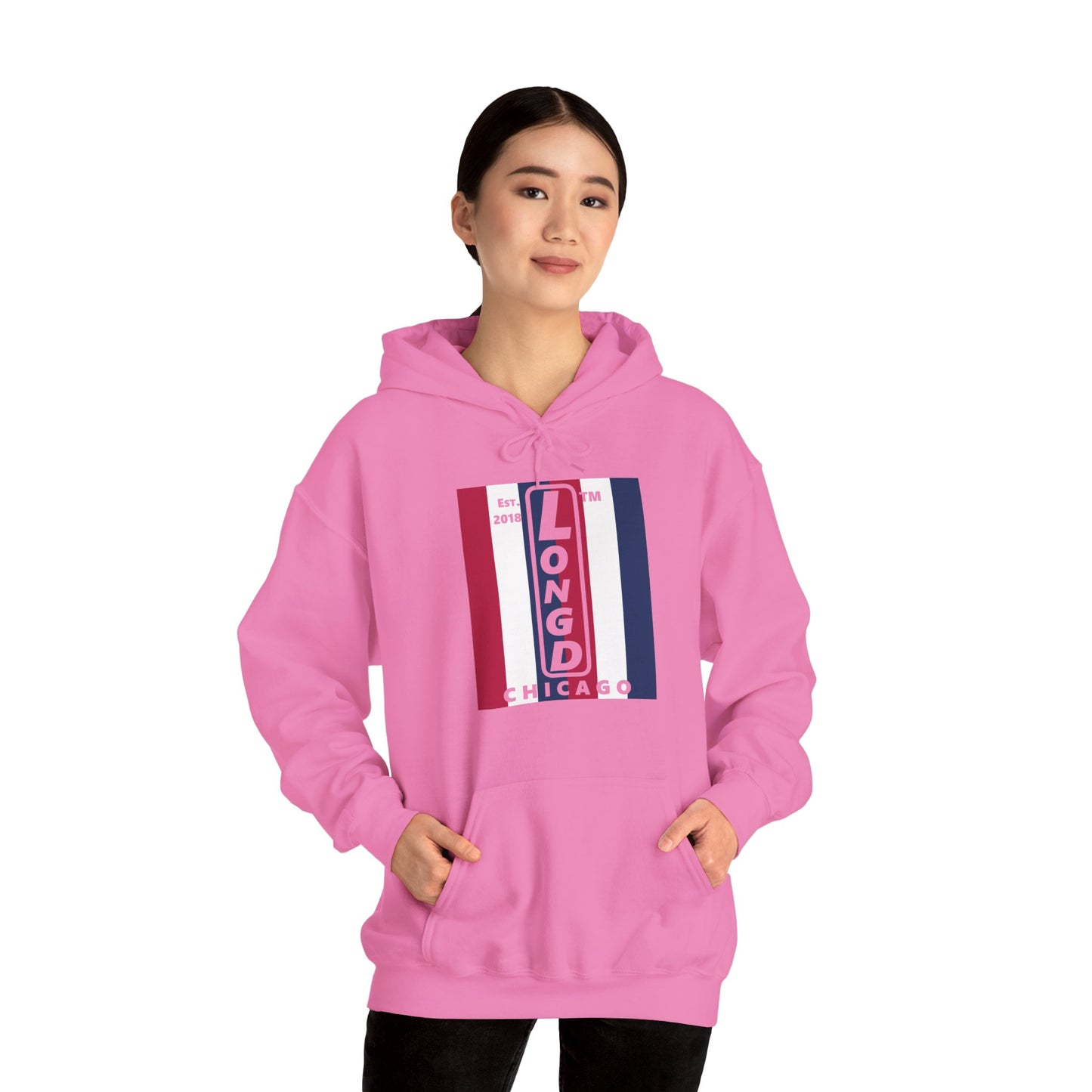 LongD® negative vertical 6-striped upright Chicago logo hoodie