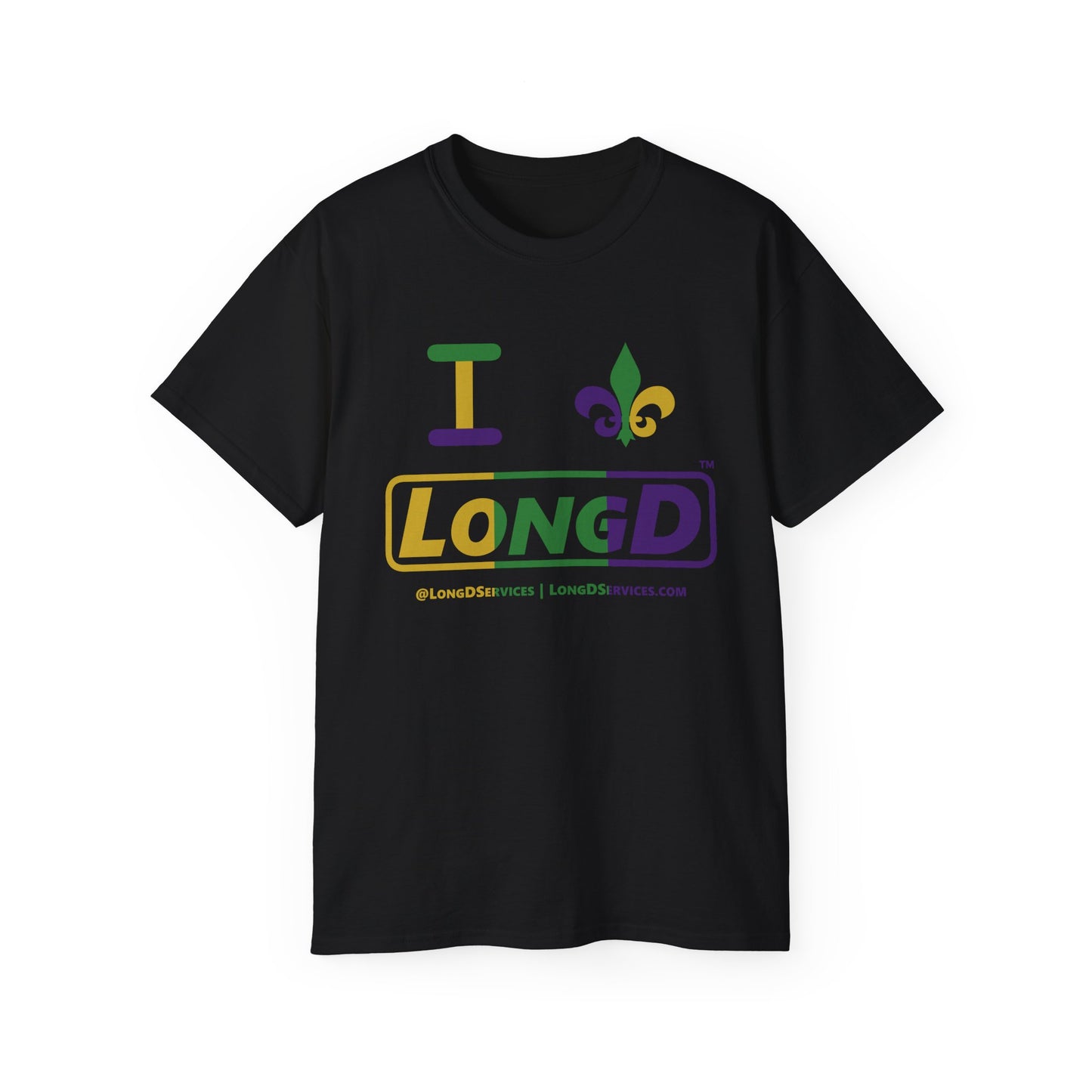 I Fleur LongD® Logo Cotton Tee (Mardi Gras colored text, positive logo & fleur de lis)