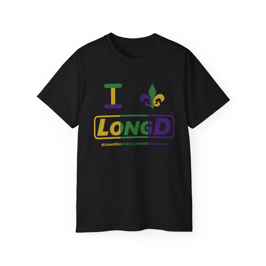 I Fleur LongD® Logo Cotton Tee (Mardi Gras colored text, positive logo & fleur de lis)
