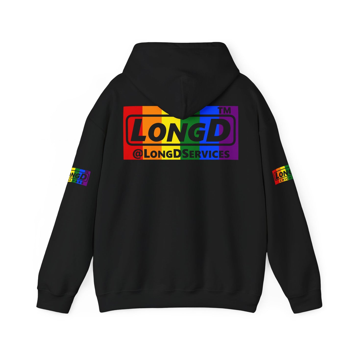 LongD® negative vertical striped 4-print Hyde Park logo hoodie (Pride colors)