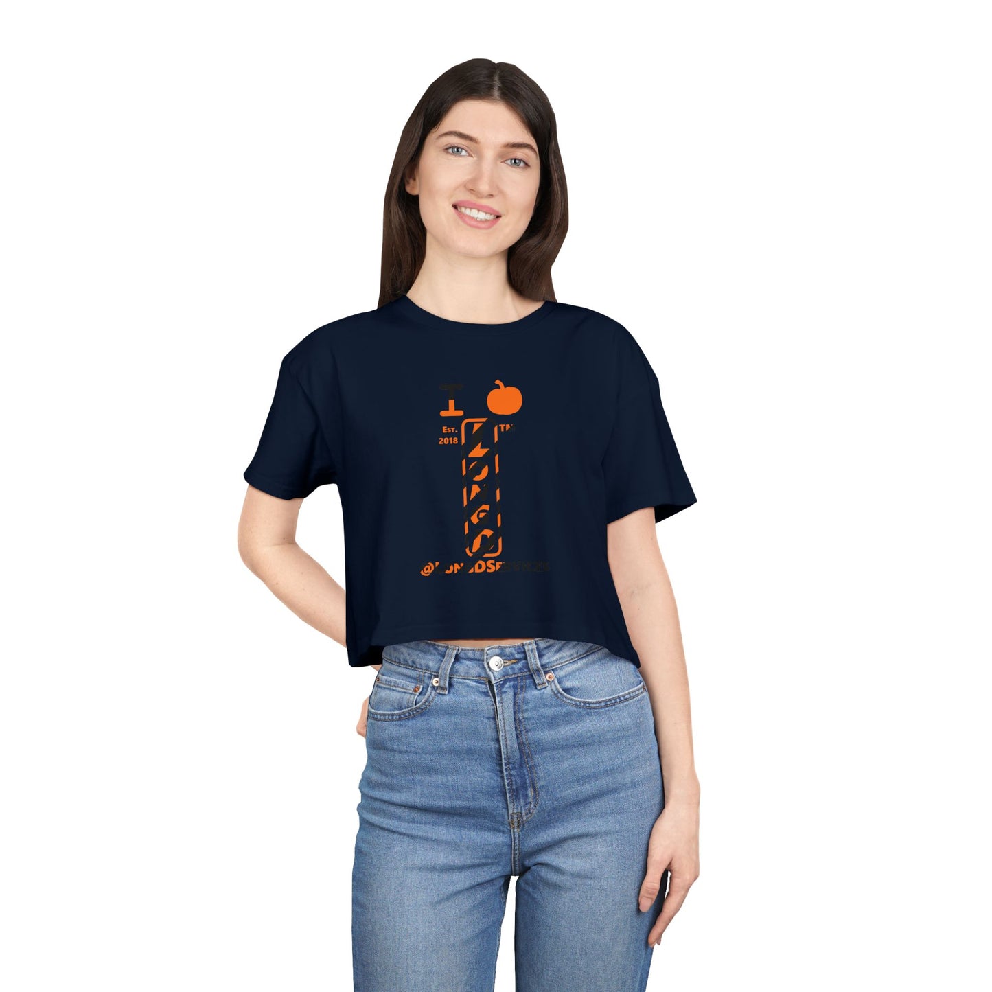 I pumpkin LongD Tag positive upright pixel-weighted 12-striped front-back logo crop tee