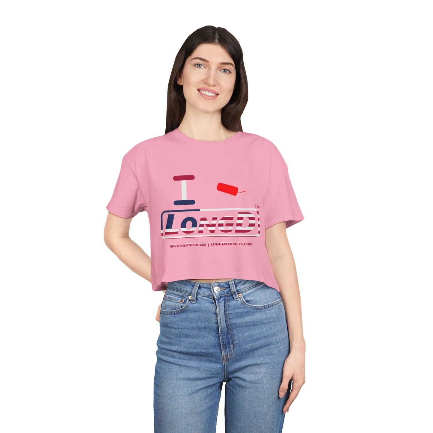I Firecracker LongD Logo Women's Crop Tee Red, White & Blue positive flag