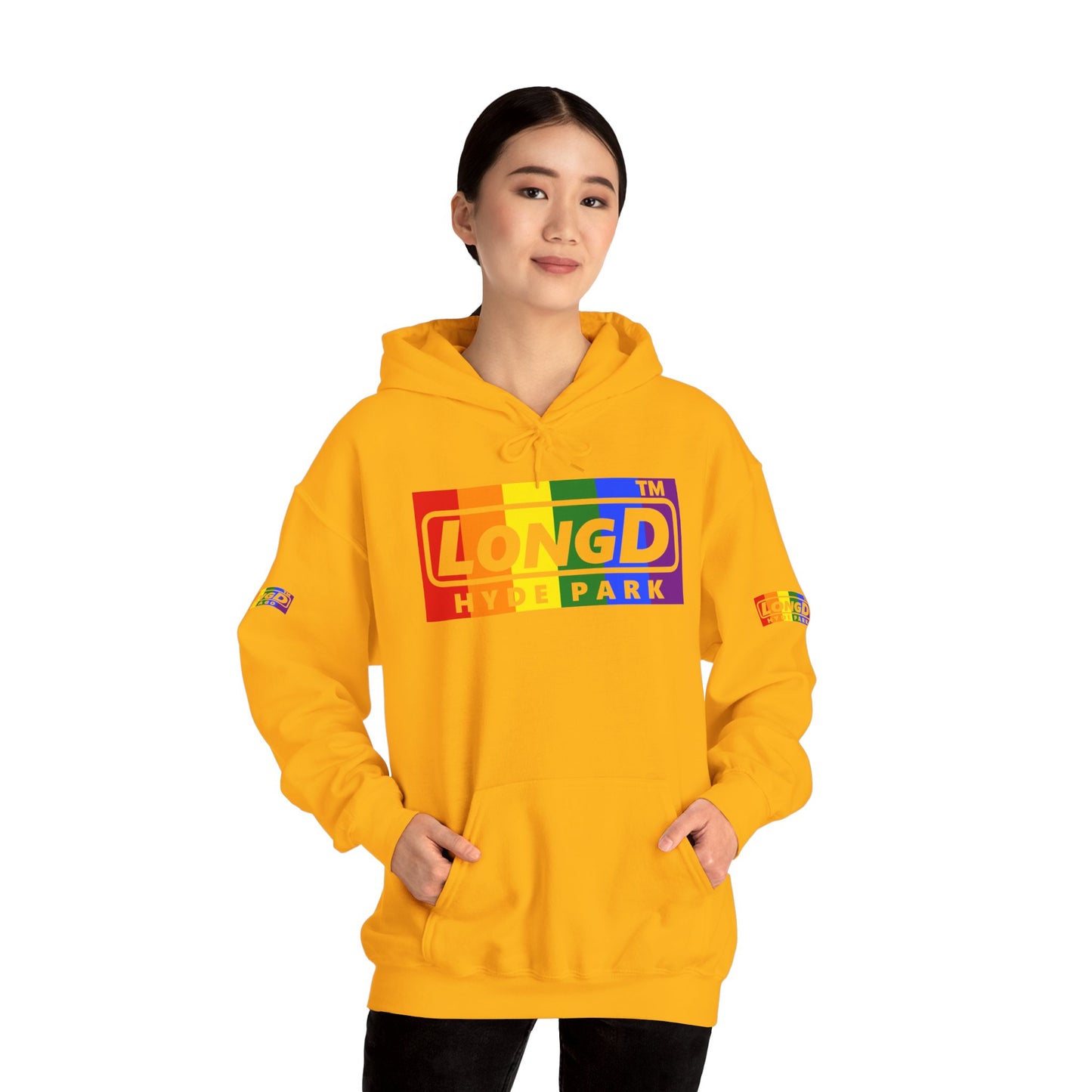 LongD® negative vertical striped 4-print Hyde Park logo hoodie (Pride colors)
