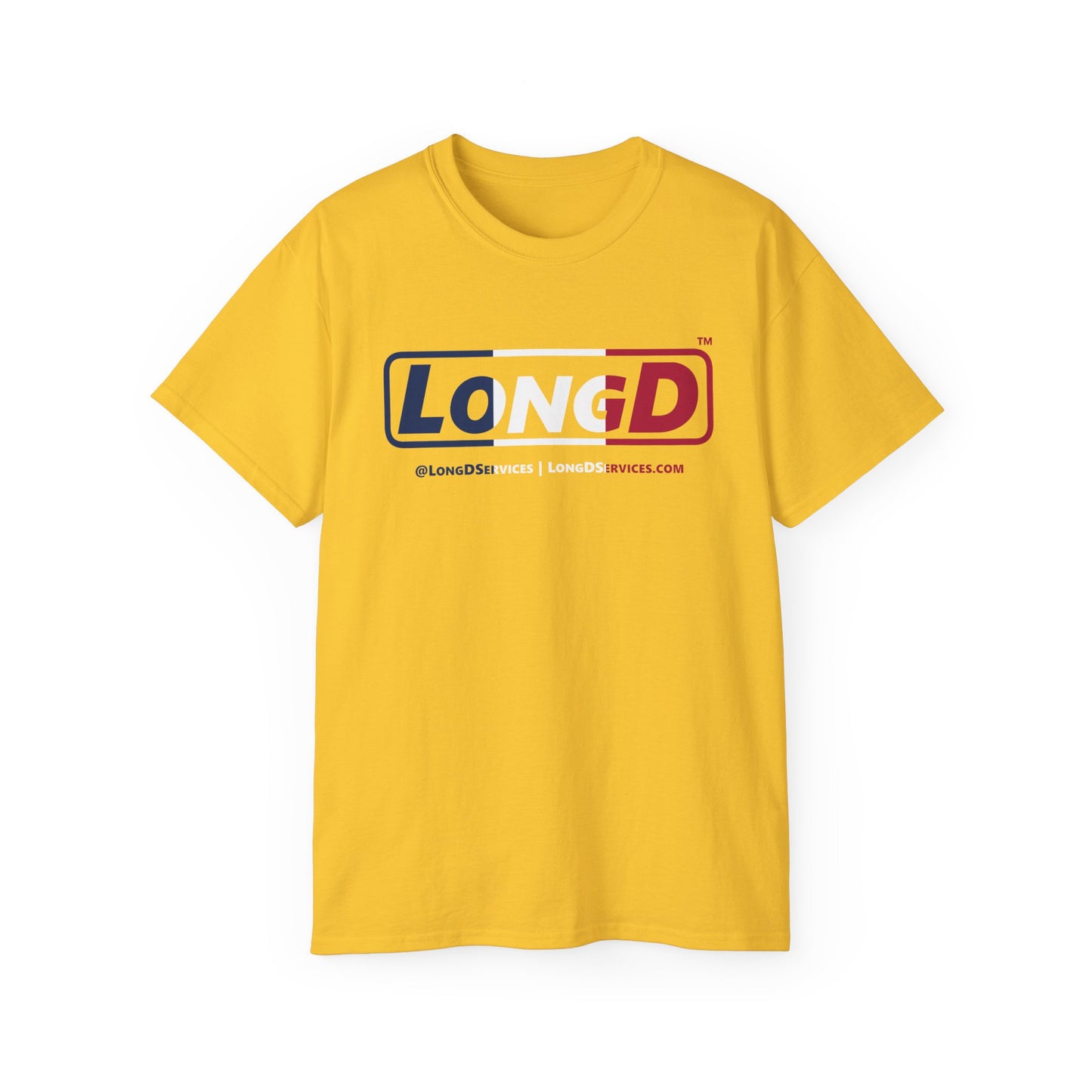 LongD® Logo Cotton Tee Blue, White and Red positive thirds text