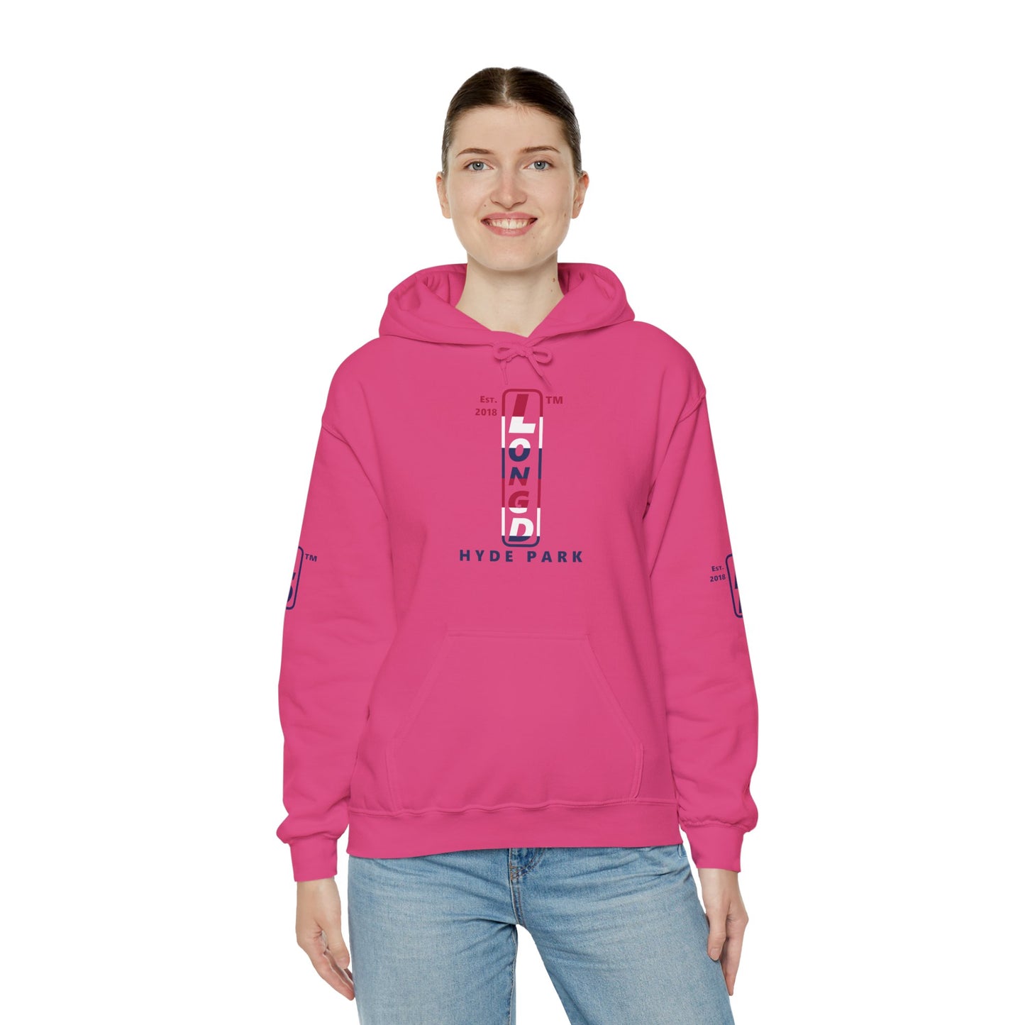 LongD® positive horizontal 6-striped Hyde Park 4-print upright logo hoodie (patriotic colors)