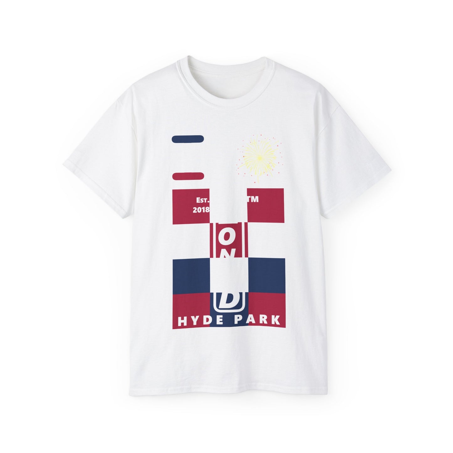 I Burst LongD cotton tee negative 4x3 Hyde Park upright logo (Patriotic colors)