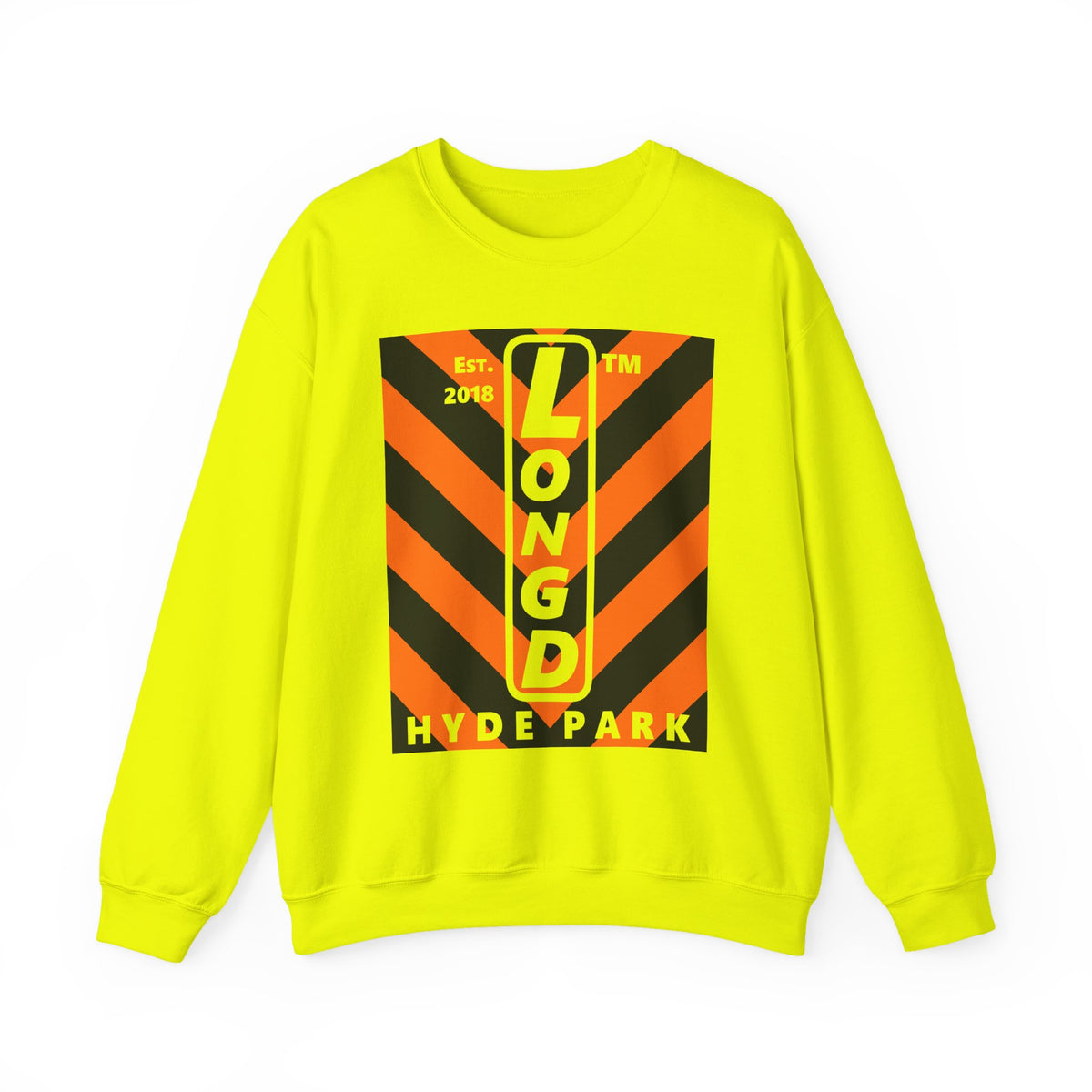 LongD Hyde Park negative upright downward chevron logo (Halloween colors) crewneck sweatshirt