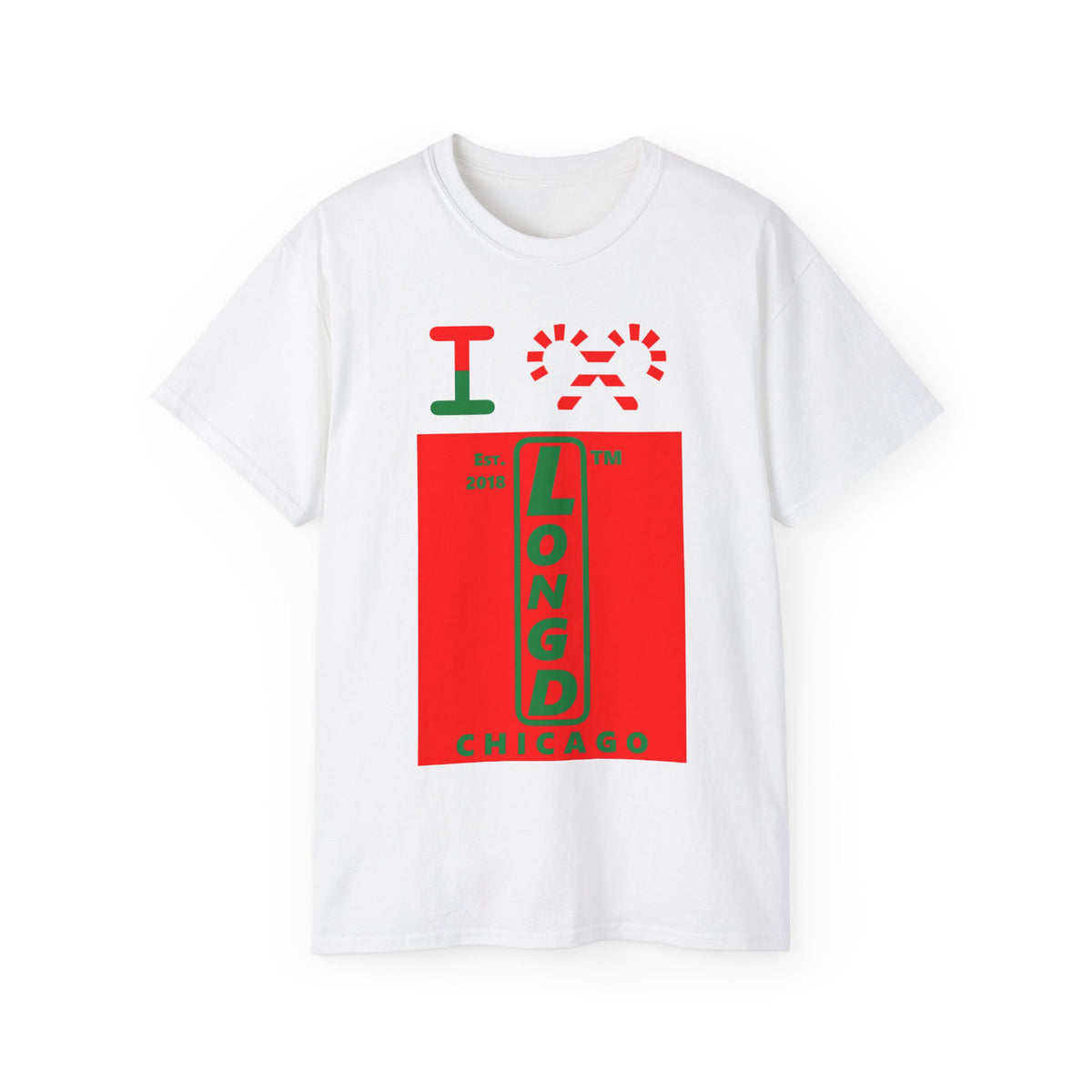 I candy cane LongD Chicago upright logo positive green on negative red cotton tee