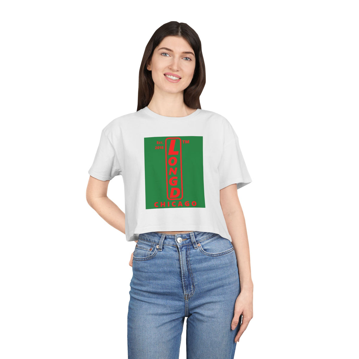LongD Chicago upright logo positive red on negative green (Xmas colors) crop tee