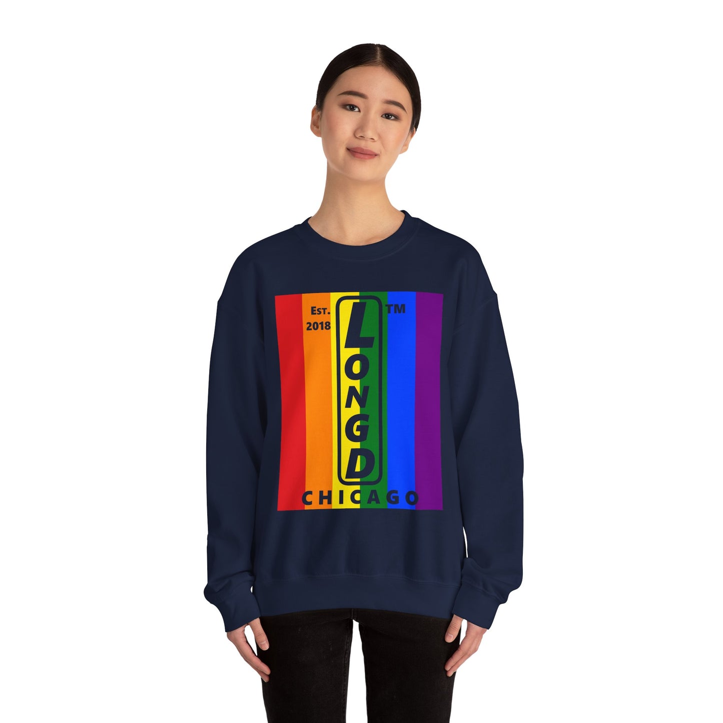 LongD negative cropped flag Chicago upright logo crewneck sweatshirt (Pride colors)