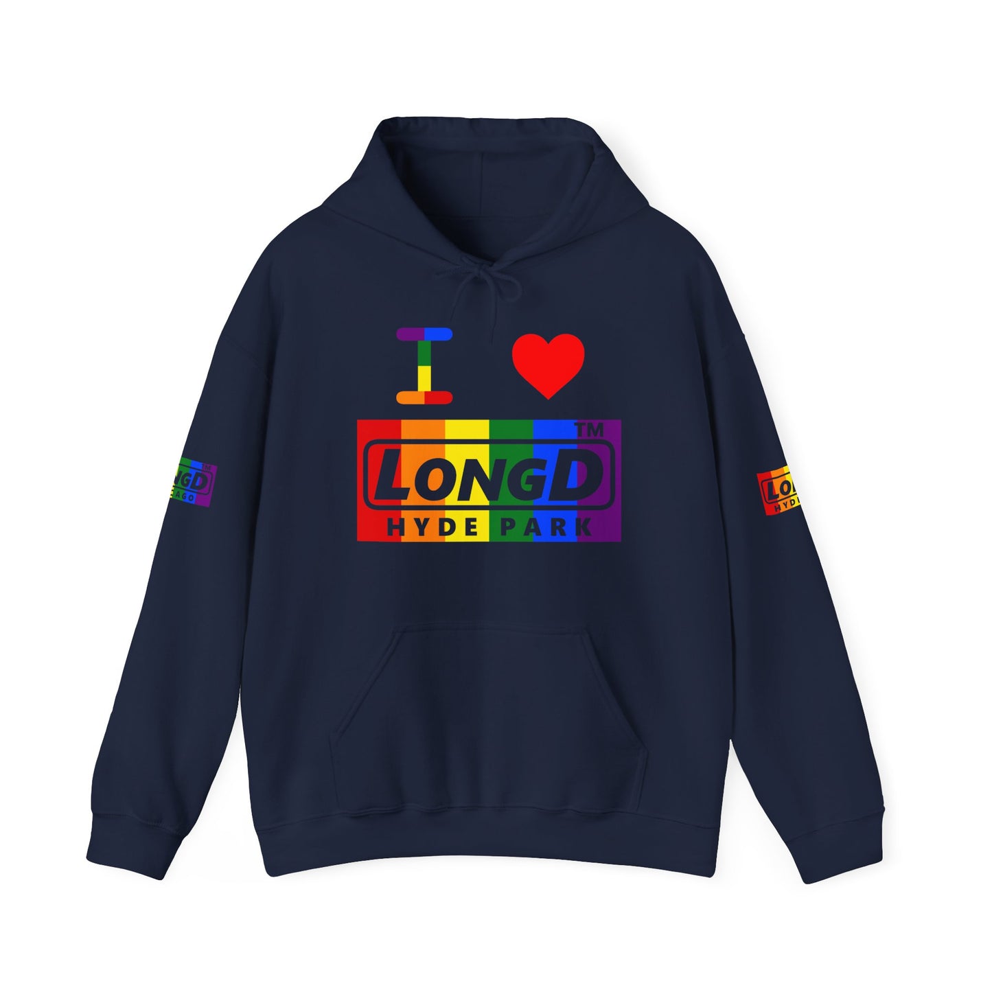 I Luv LongD® negative vertical striped 4-print Hyde Park logo hoodie (Pride colors)
