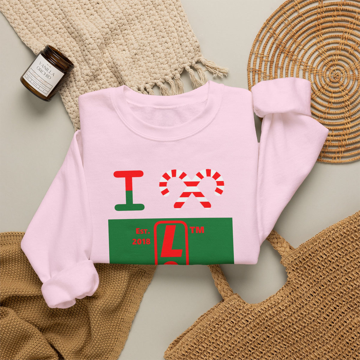 I candy cane LongD Chicago upright front-back logo positive red on negative green crewneck sweatshirt