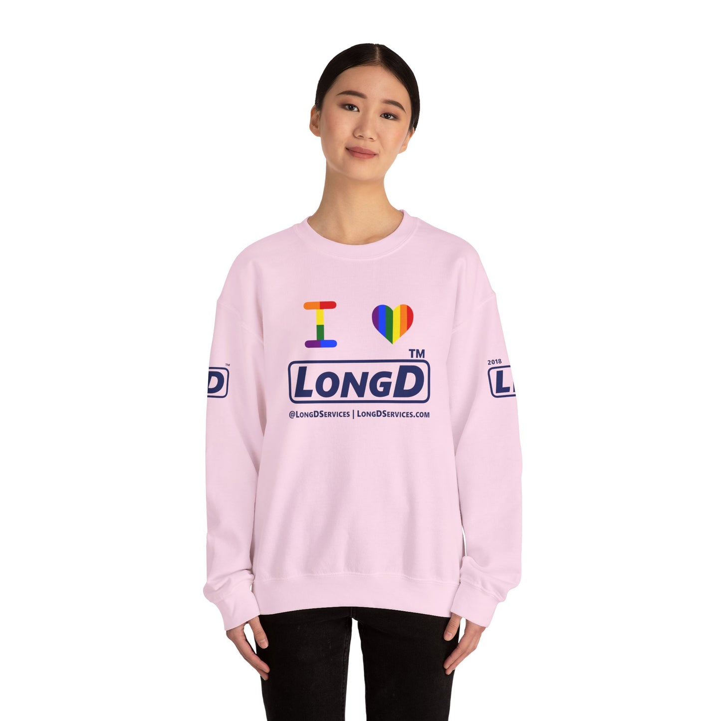 I Luv LongD official basic 4-print tag-domain logo crewneck sweatshirt with Pride heart