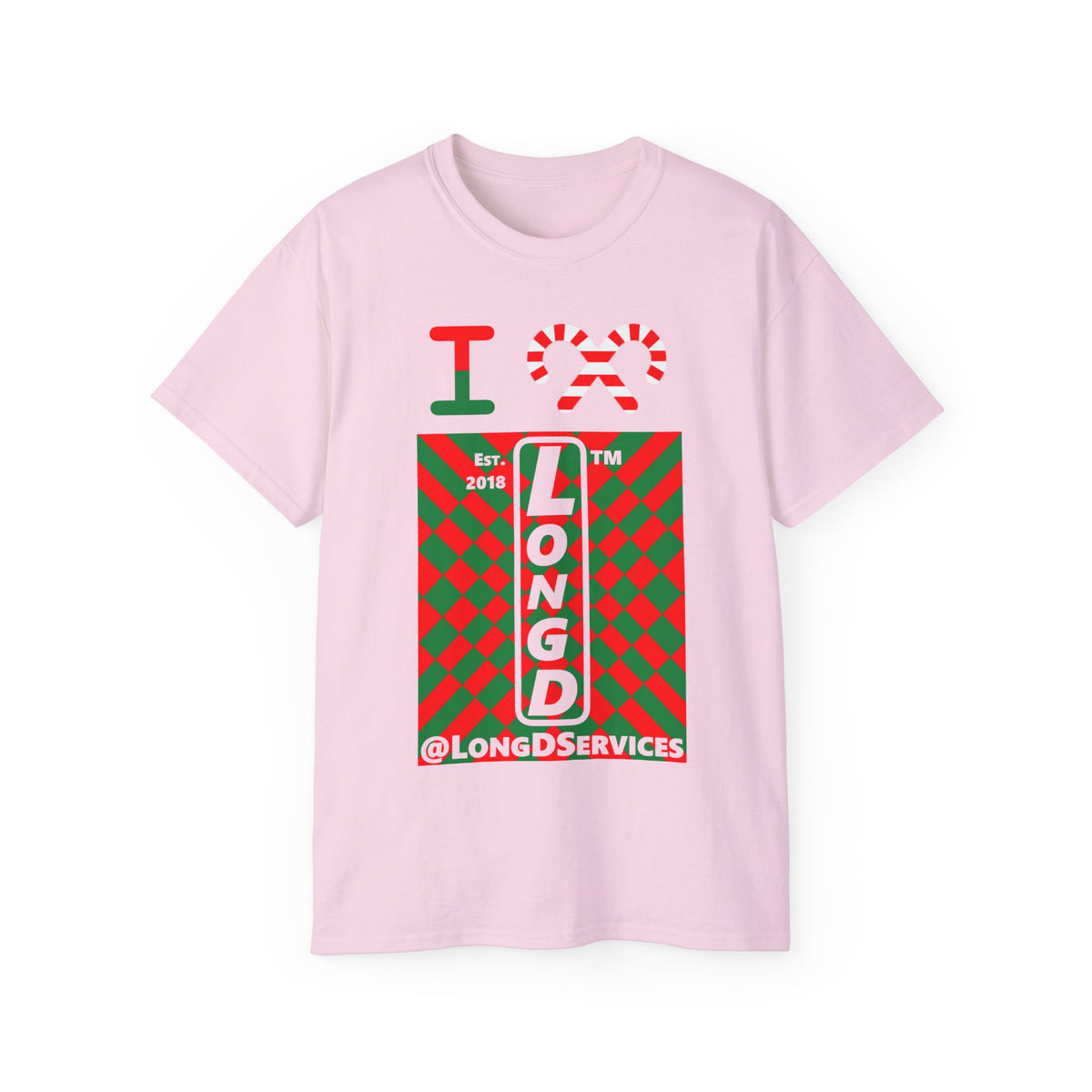 I candy cane LongD Tag negative upright stylized argyle logo cotton tee