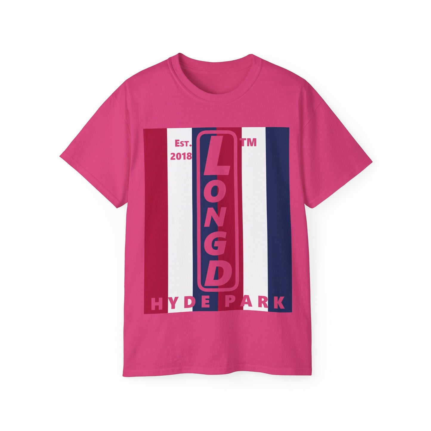 LongD cotton tee negative vertical 6-striped Hyde Park upright logo (Patriotic colors)