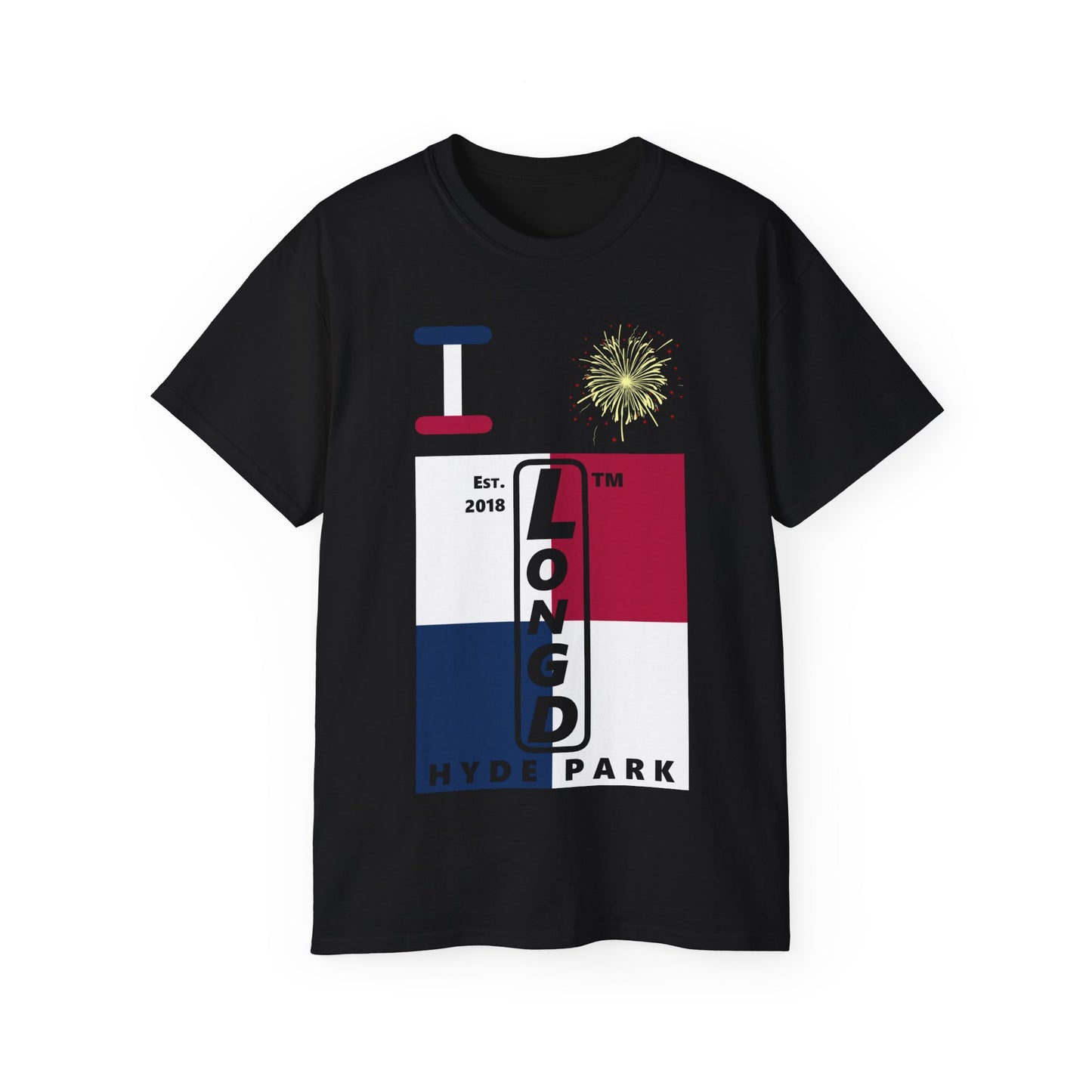 I Burst LongD cotton tee negative quarters Hyde Park upright logo (Patriotic colors)