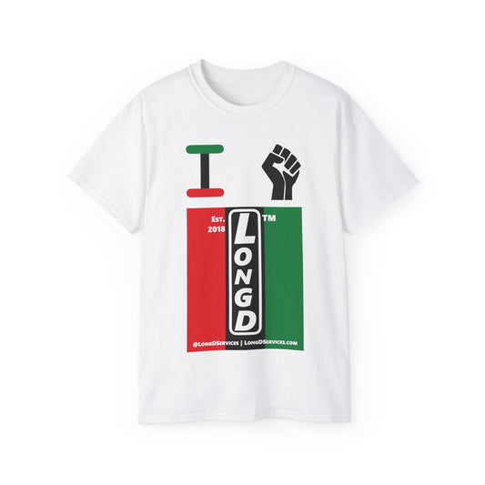 I fist LongD Cotton Tee negative vertical striped tag-domain upright logo (Juneteenth colors)