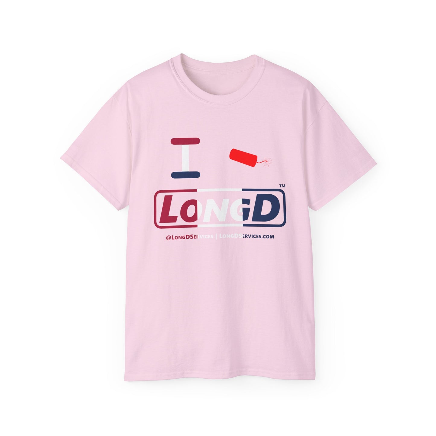 I Firecracker LongD® Logo Cotton Tee Red, White and Blue positive thirds text