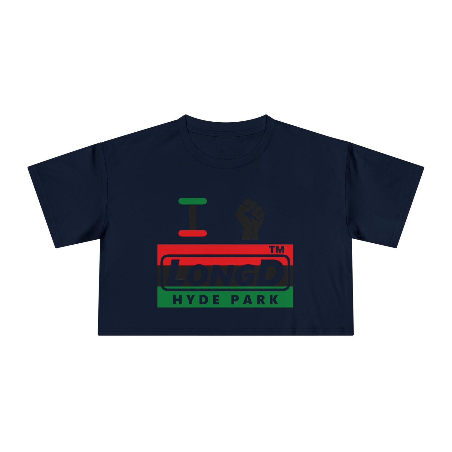 I fist LongD negative horizontal 3-striped Hyde Park logo crop tee
