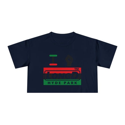 I fist LongD negative horizontal 3-striped Hyde Park logo crop tee