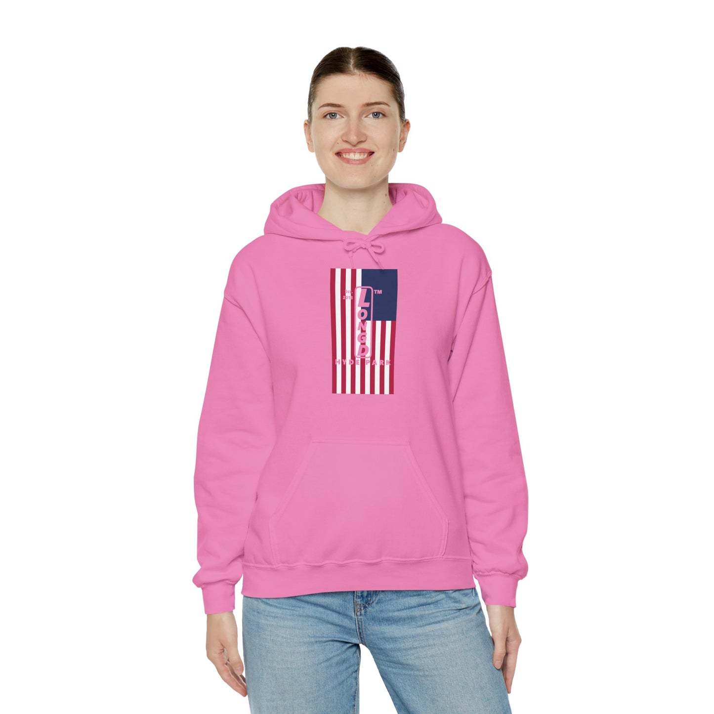 LongD® negative flag upright Hyde Park logo hoodie (Patriotic colors)