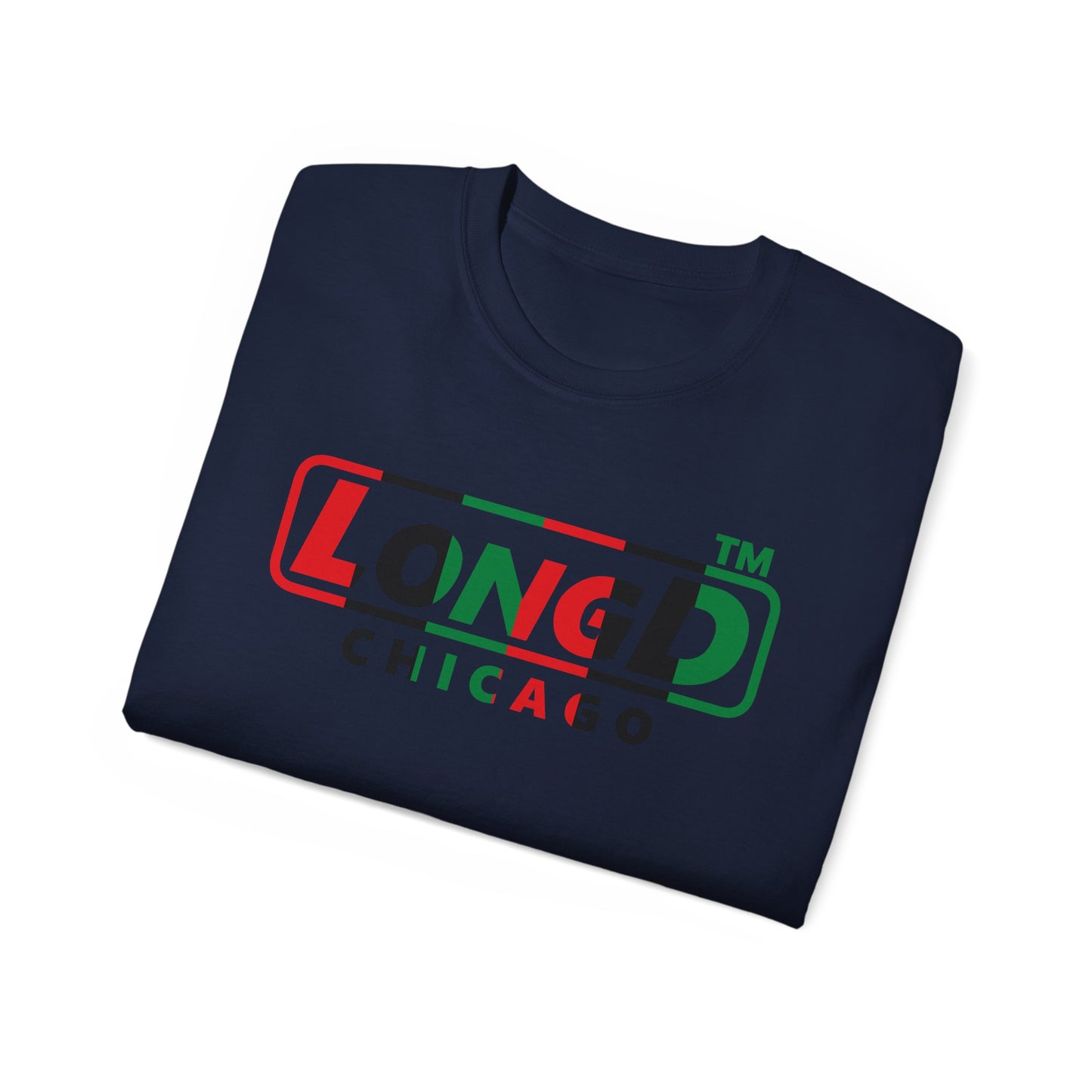 LongD positive vertical 6-striped Chicago logo cotton tee (Juneteenth colors)